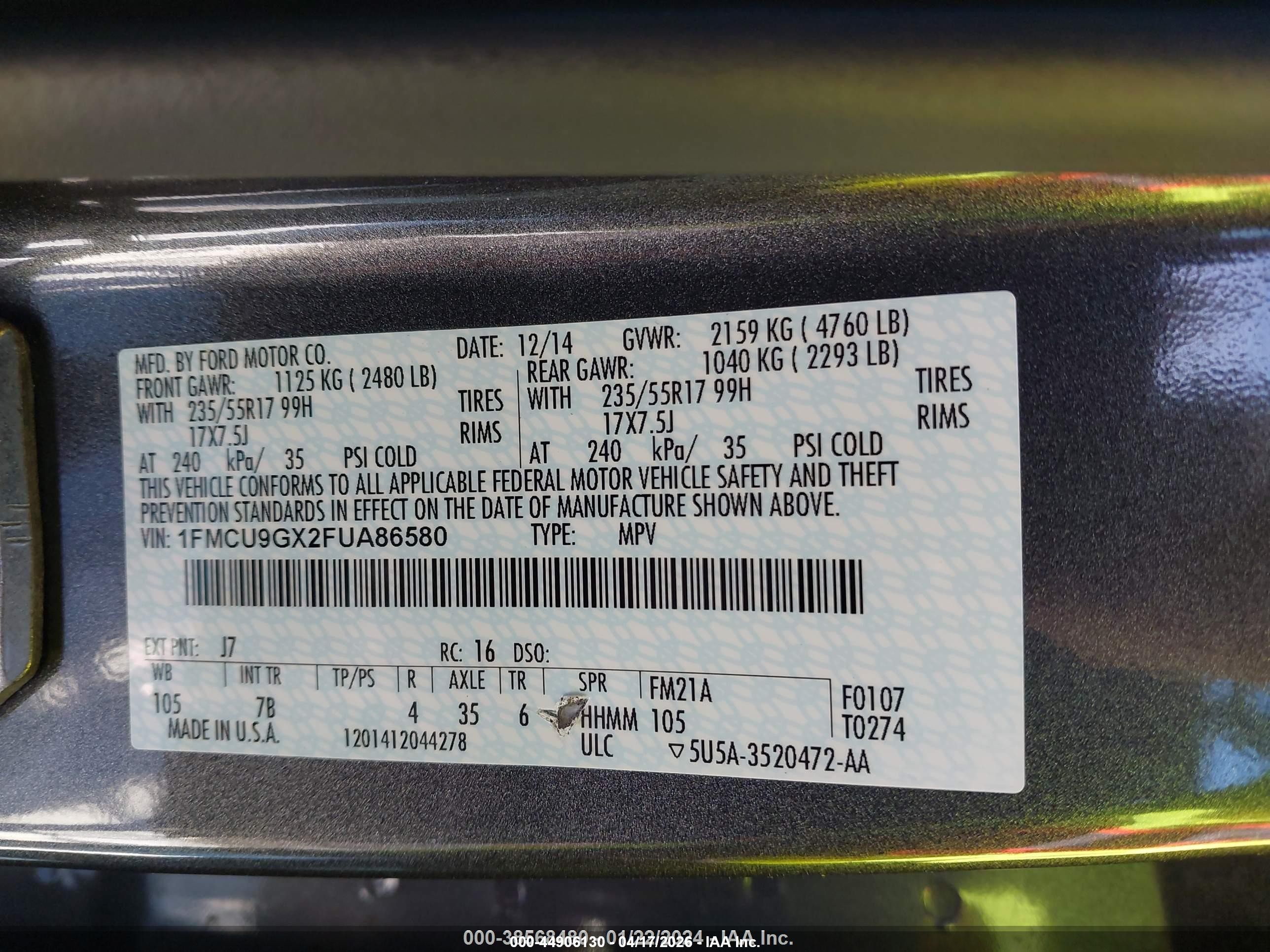 2015 Ford Escape Se Gray vin: 1FMCU9GX2FUA86580