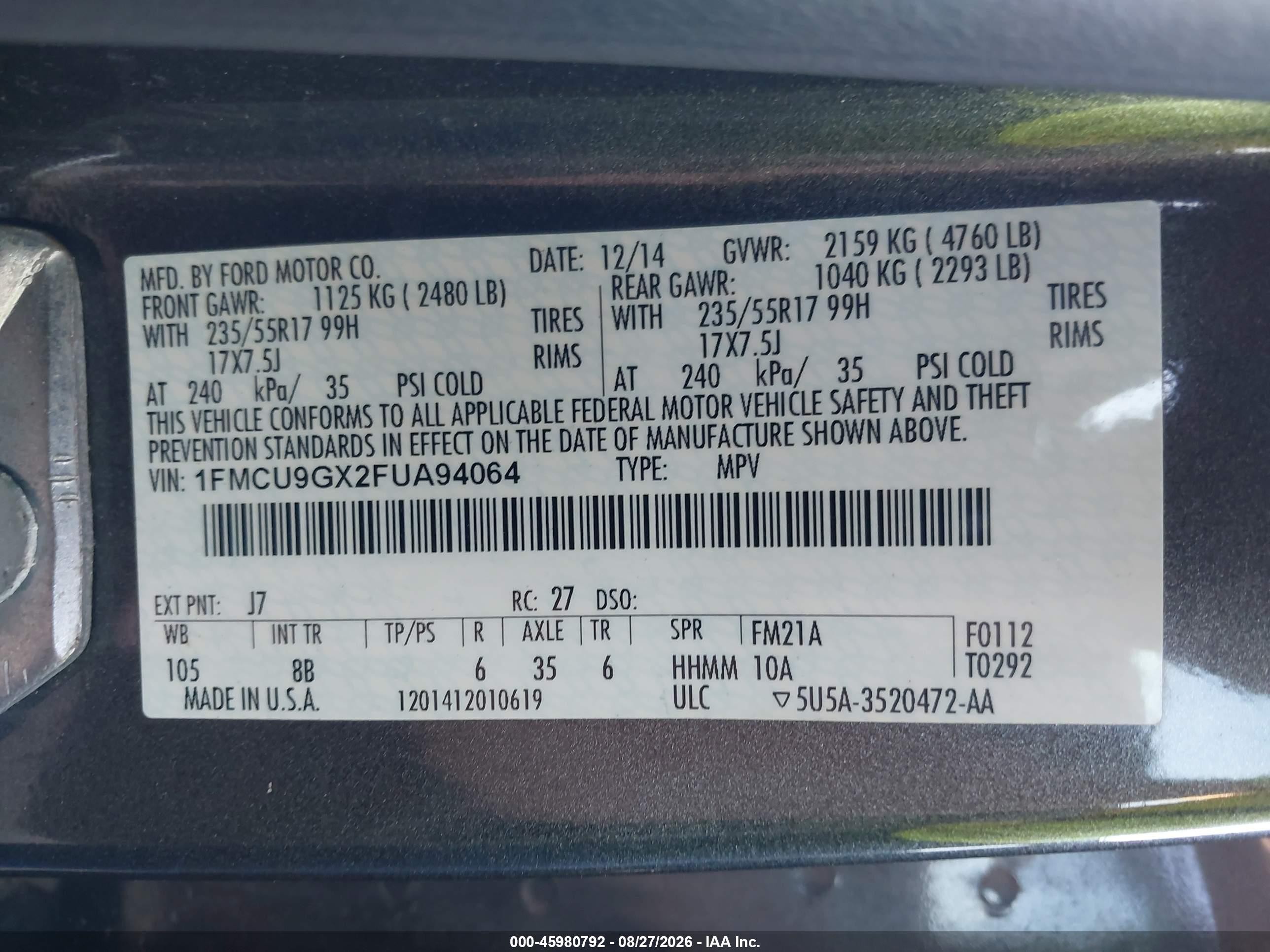 2015 Ford Escape Se Серый vin: 1FMCU9GX2FUA94064