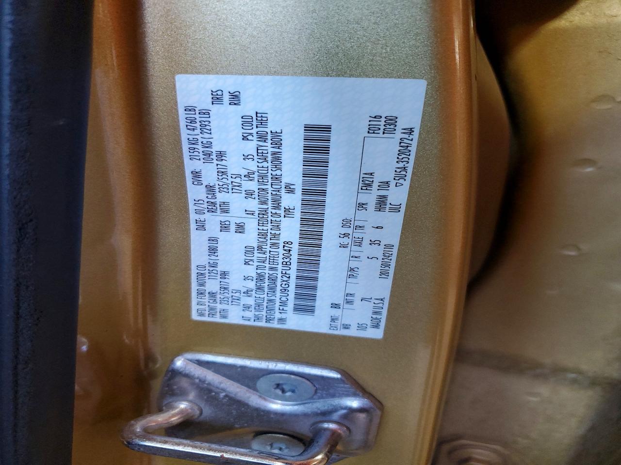 2015 Ford Escape Se Tan vin: 1FMCU9GX2FUB30478