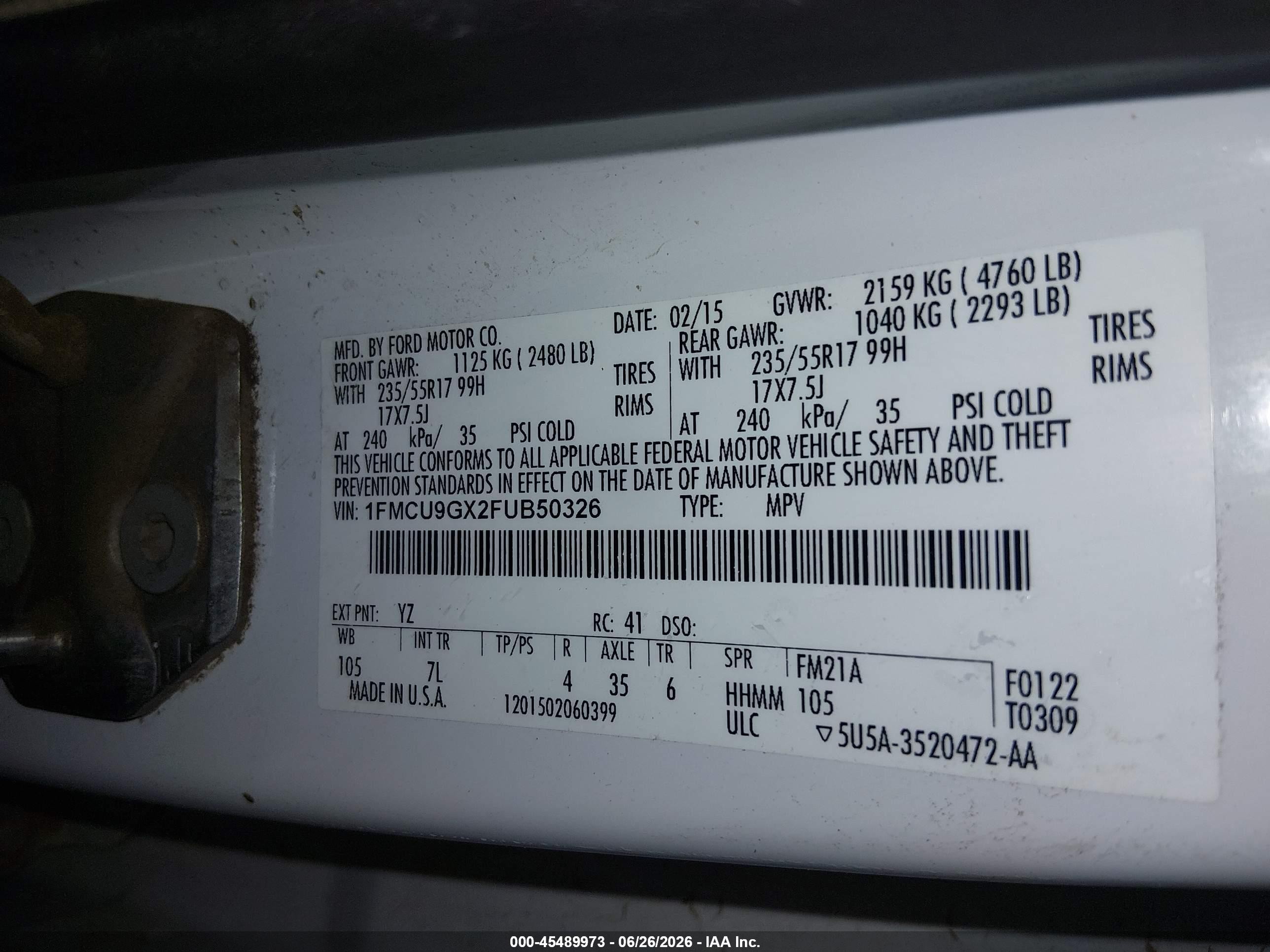 2015 Ford Escape Se White vin: 1FMCU9GX2FUB50326