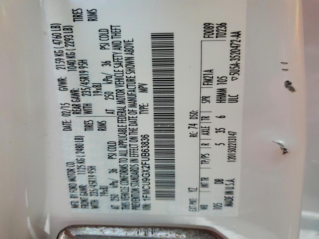 2015 Ford Escape Se White vin: 1FMCU9GX2FUB63836