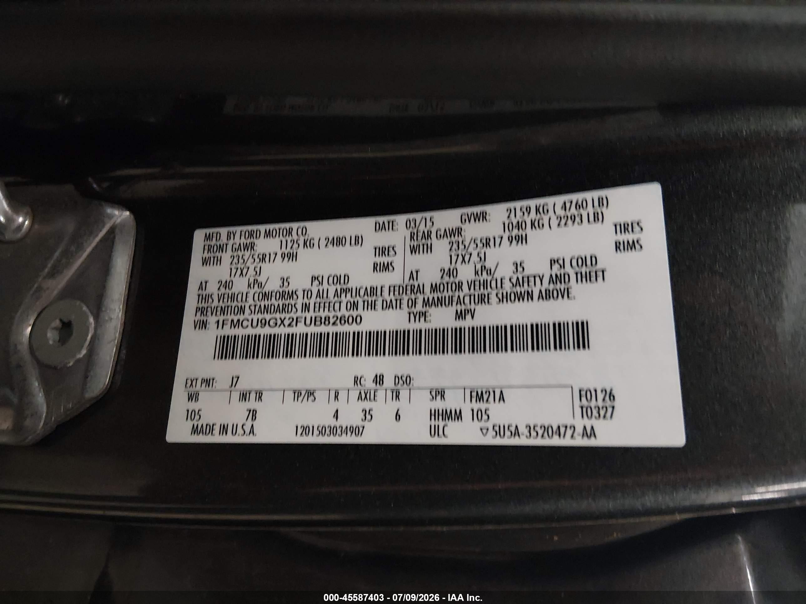 2015 Ford Escape Se Gray vin: 1FMCU9GX2FUB82600