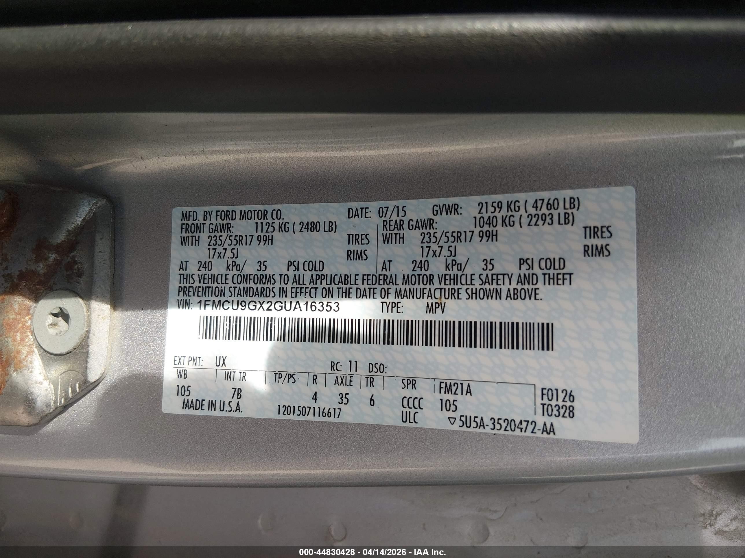 2016 Ford Escape Se Silver vin: 1FMCU9GX2GUA16353