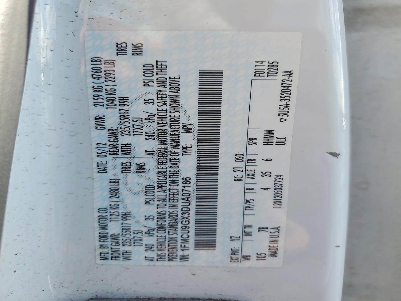 2013 Ford Escape Se White vin: 1FMCU9GX3DUA07186