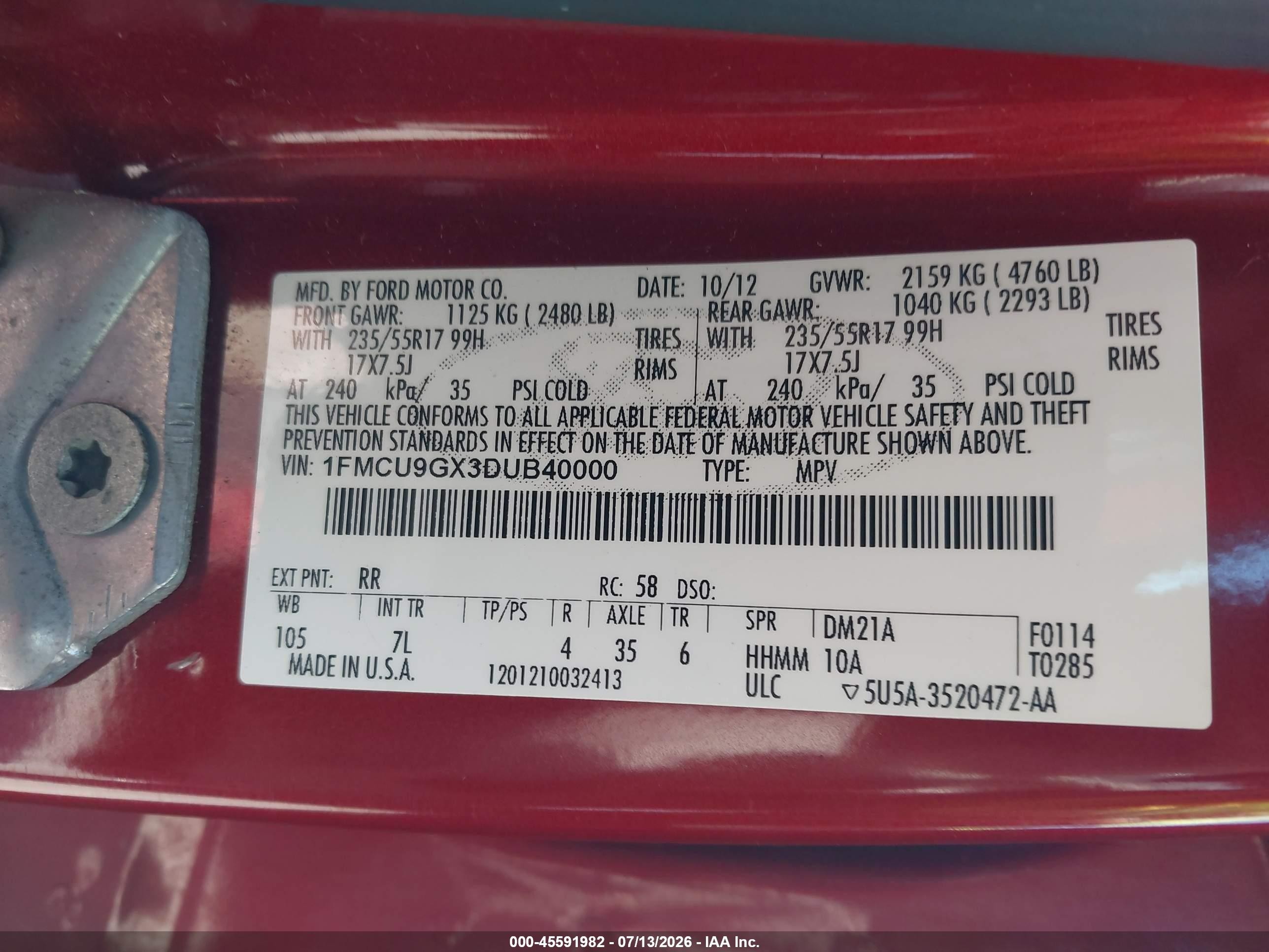 2013 Ford Escape Se Red vin: 1FMCU9GX3DUB40000