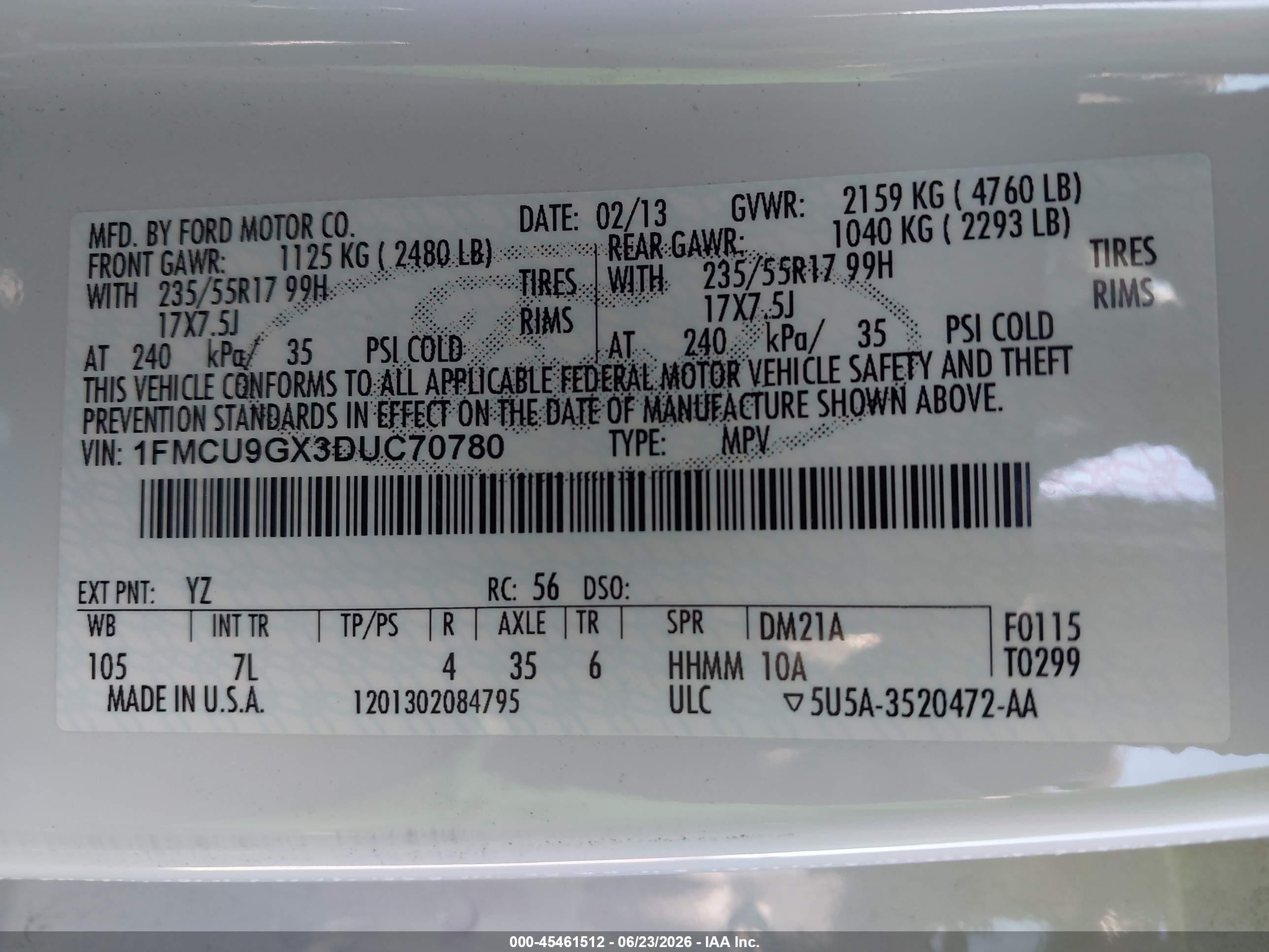 2013 Ford Escape Se Белый vin: 1FMCU9GX3DUC70780