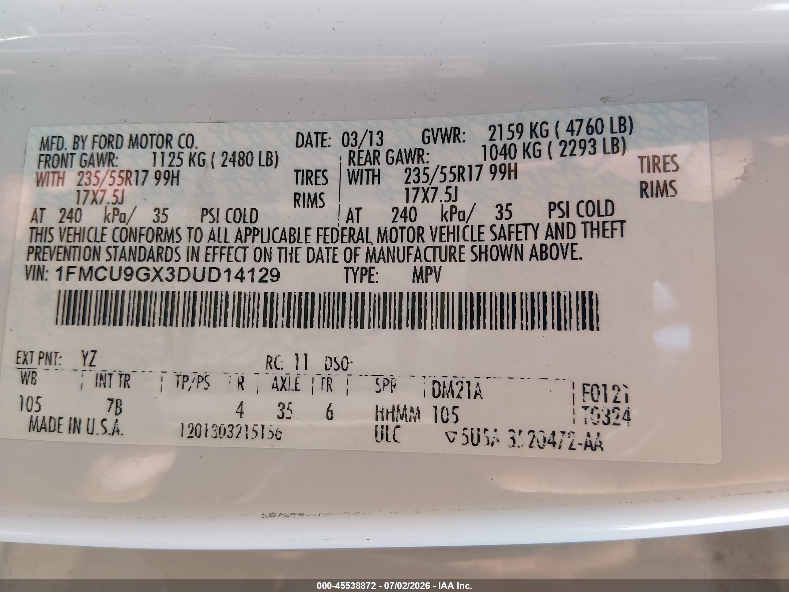 2013 Ford Escape Se White vin: 1FMCU9GX3DUD14129