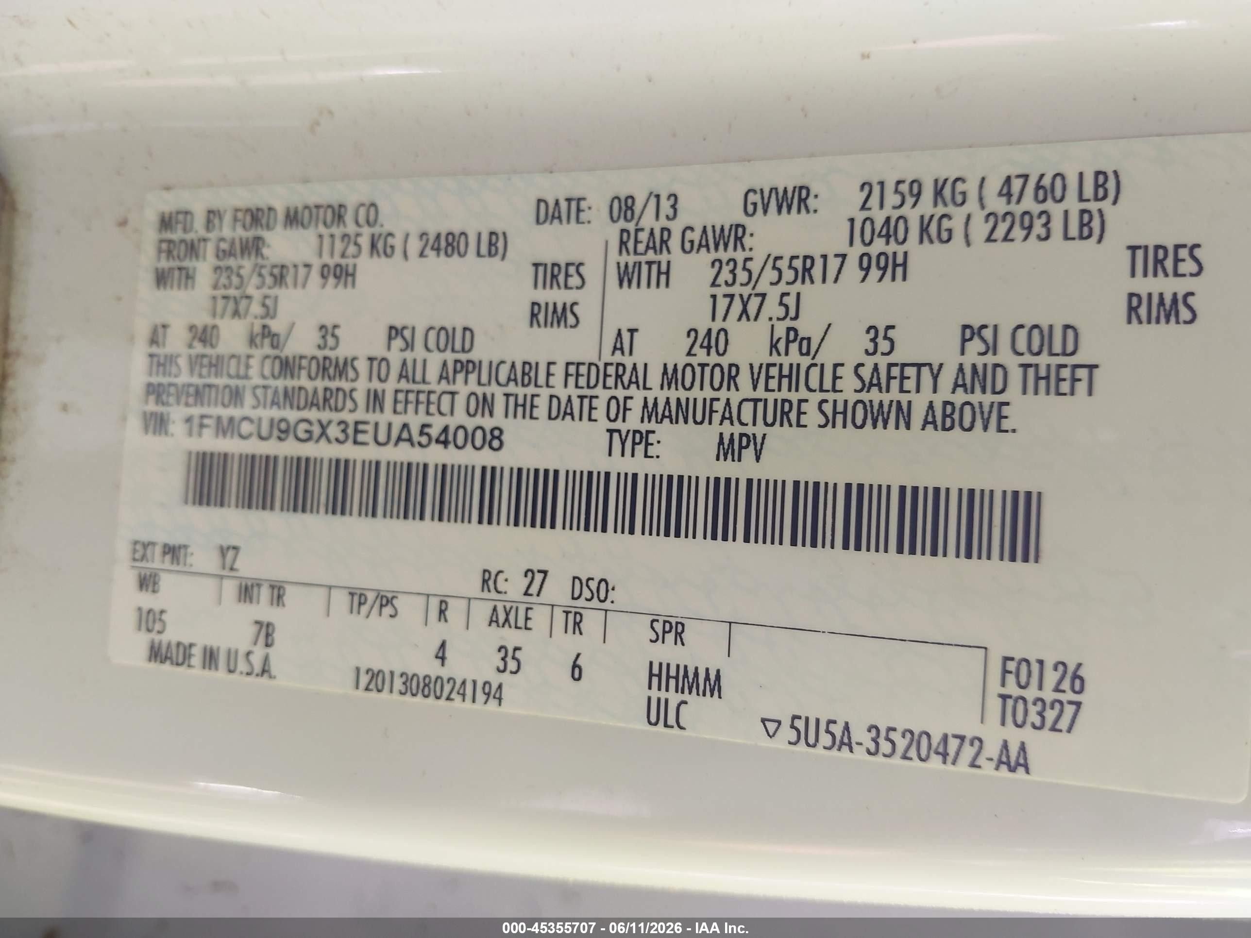 2014 Ford Escape Se White vin: 1FMCU9GX3EUA54008