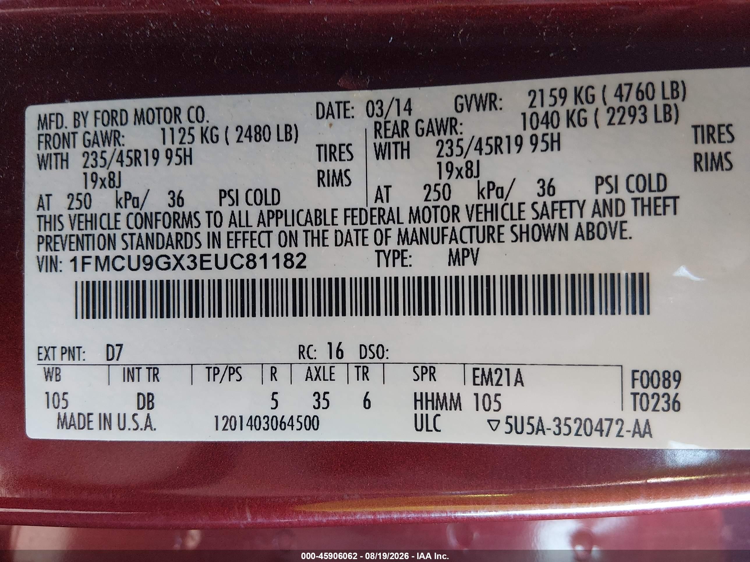 2014 Ford Escape Se Orange vin: 1FMCU9GX3EUC81182