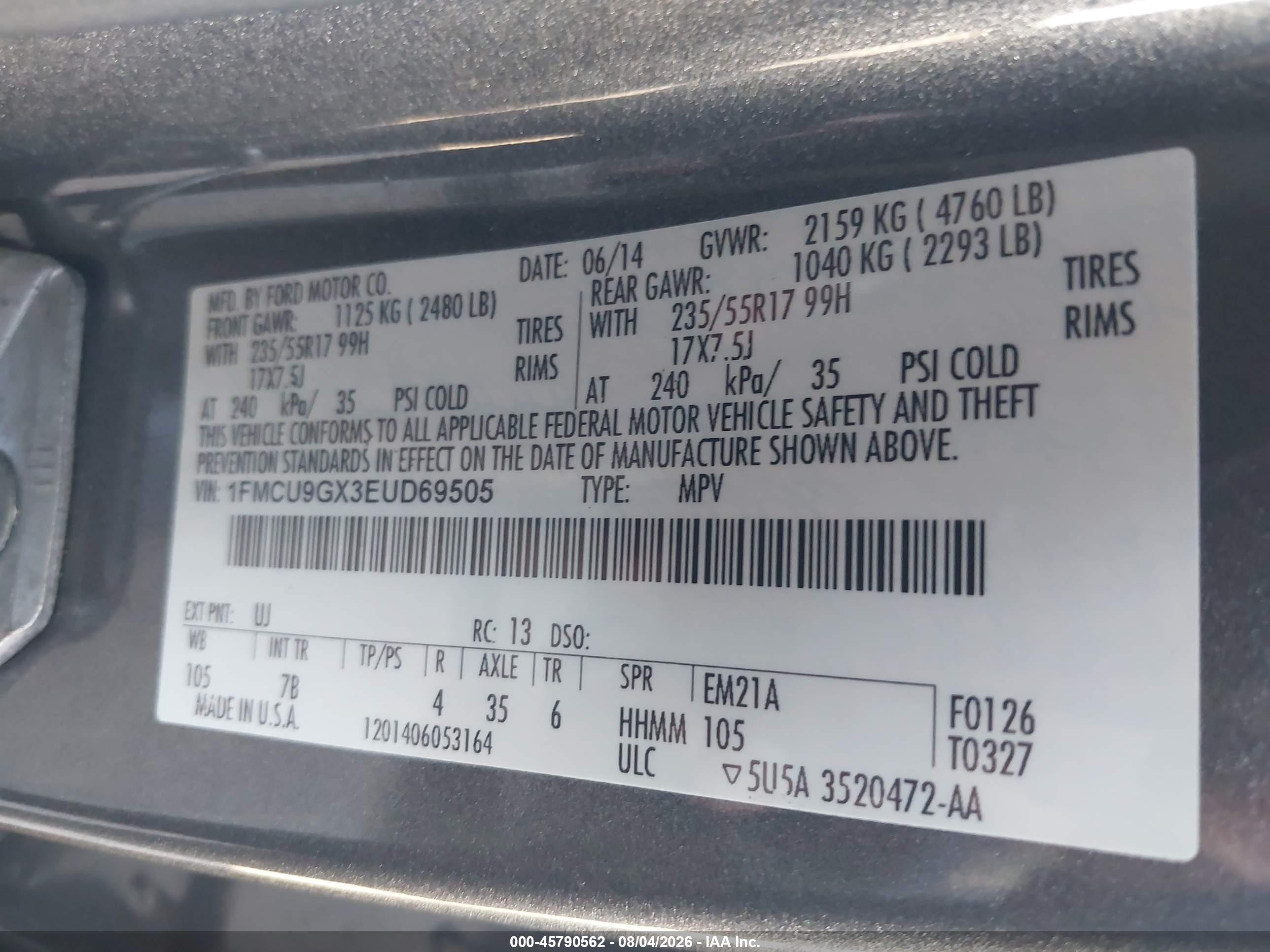2014 Ford Escape Se Gray vin: 1FMCU9GX3EUD69505