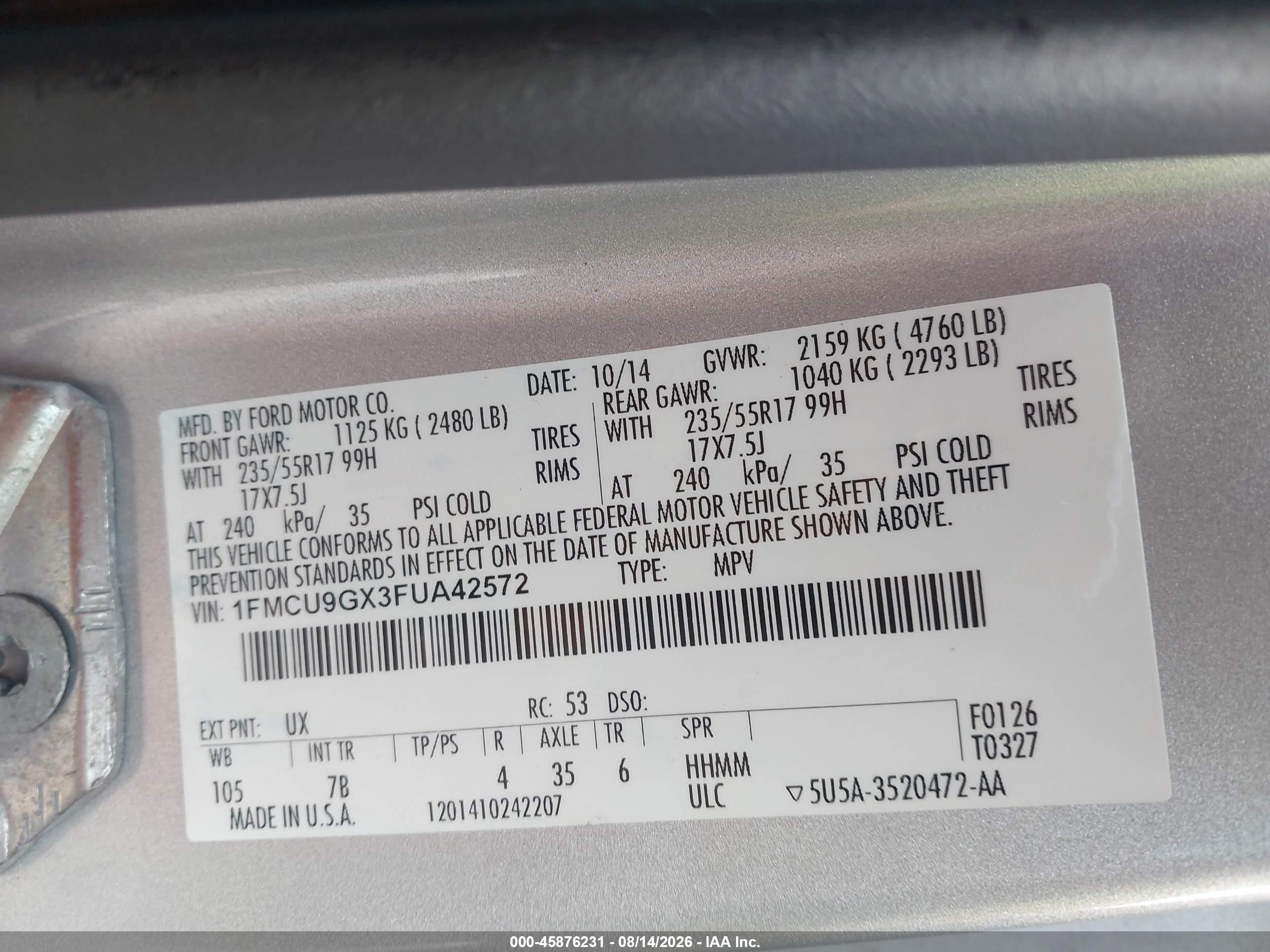 2015 Ford Escape Se Серебряный vin: 1FMCU9GX3FUA42572