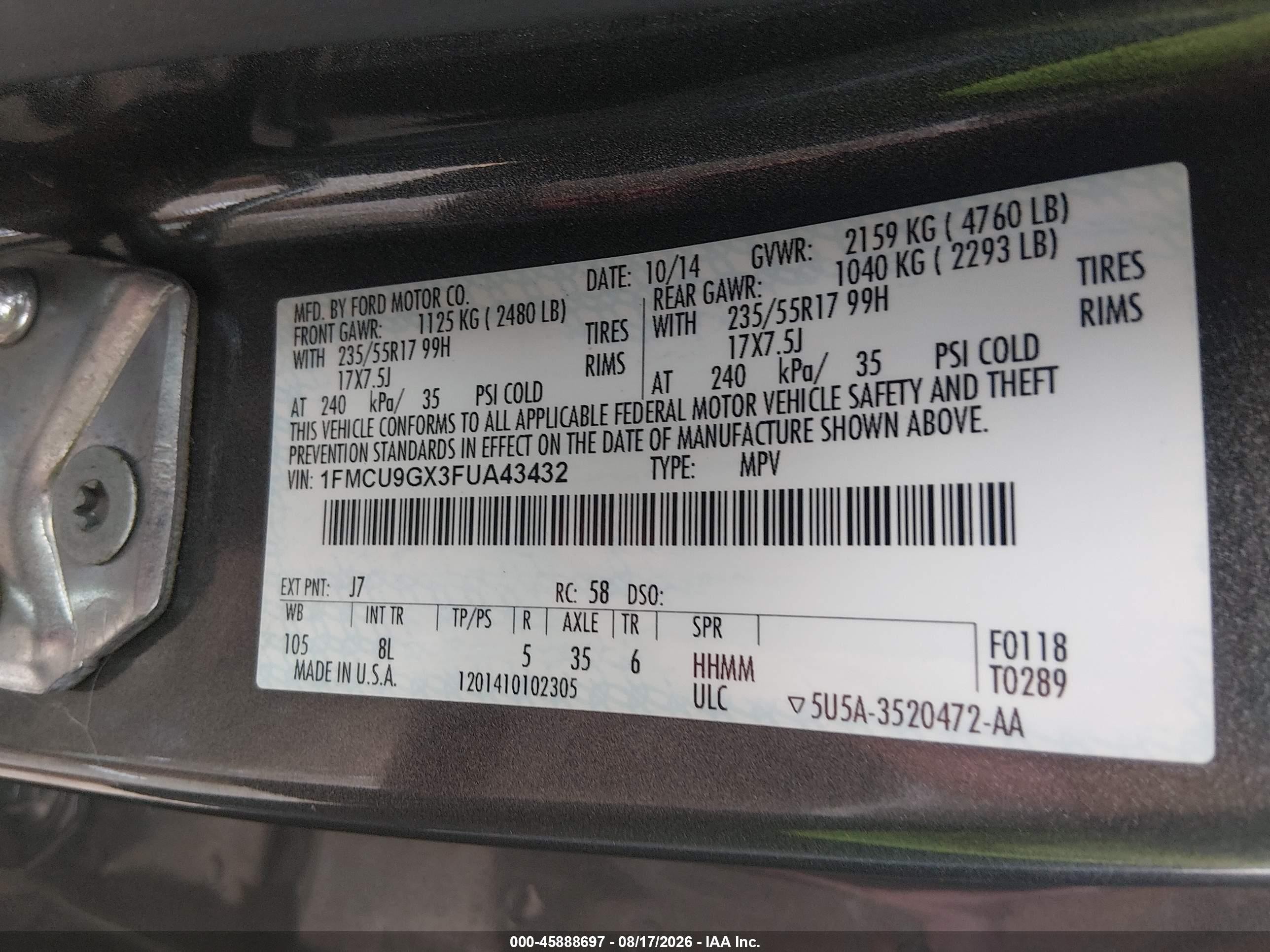 2015 Ford Escape Se Gray vin: 1FMCU9GX3FUA43432
