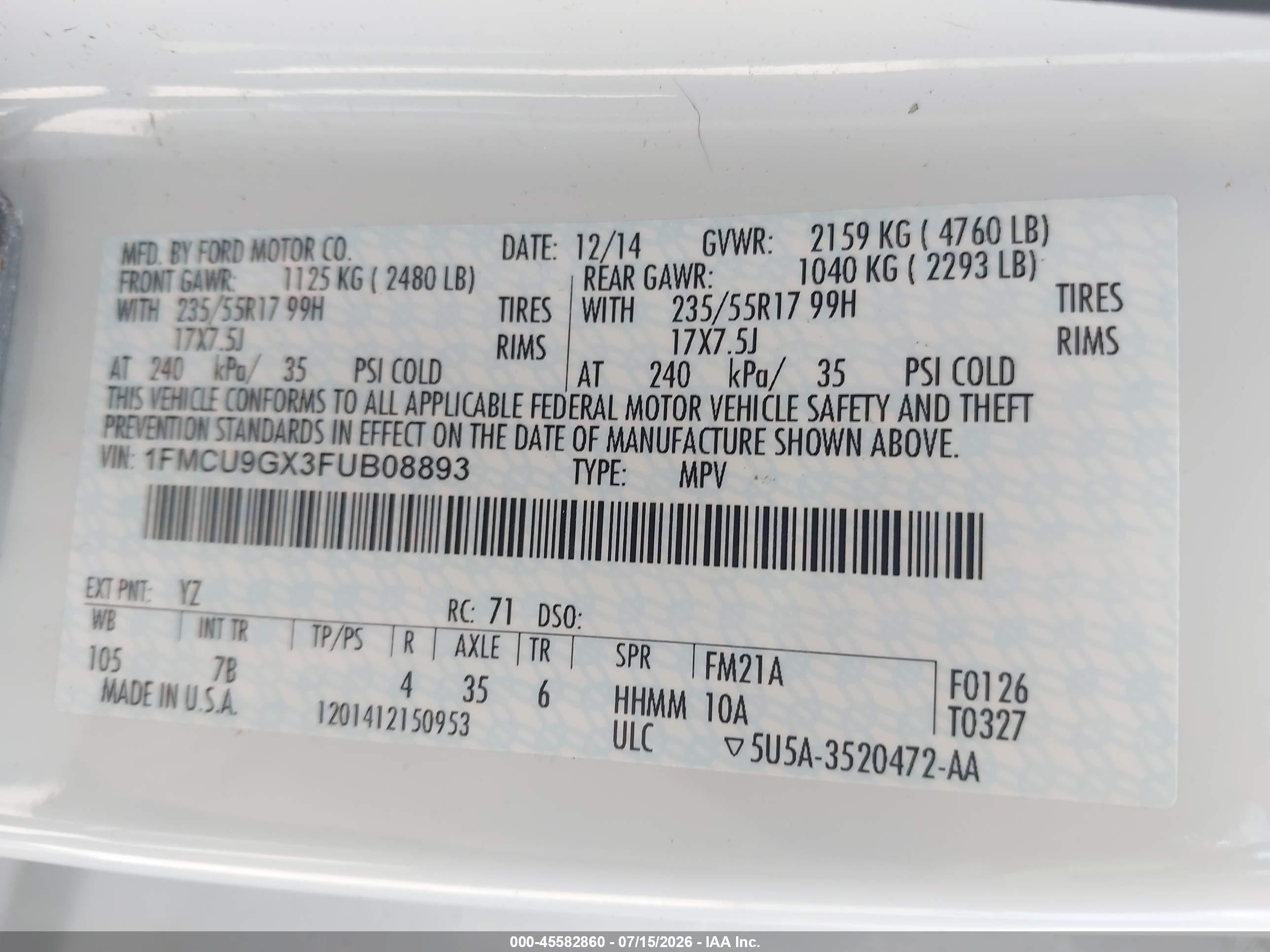 2015 Ford Escape Se White vin: 1FMCU9GX3FUB08893