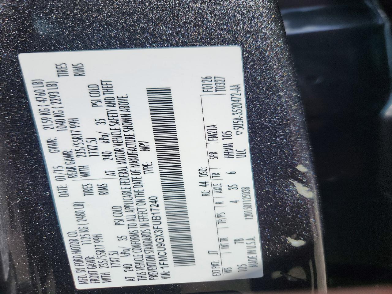 2015 Ford Escape Se Charcoal vin: 1FMCU9GX3FUB17240