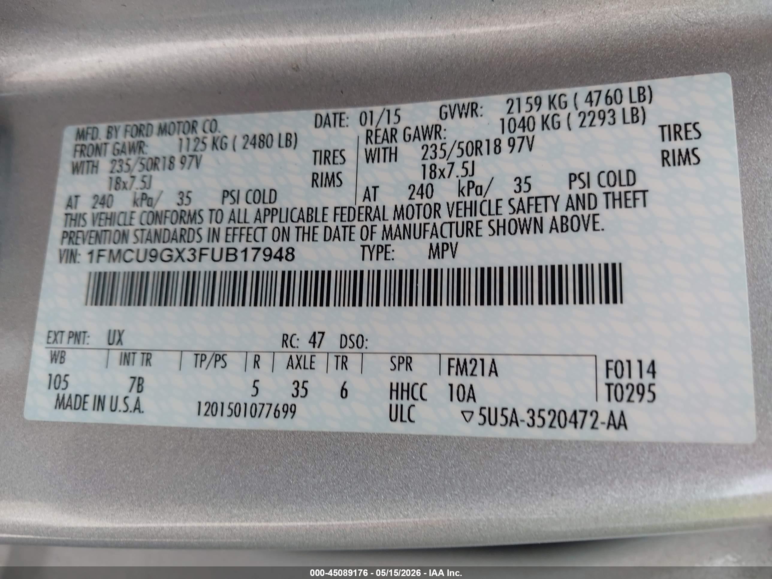 2015 Ford Escape Se Серебряный vin: 1FMCU9GX3FUB17948