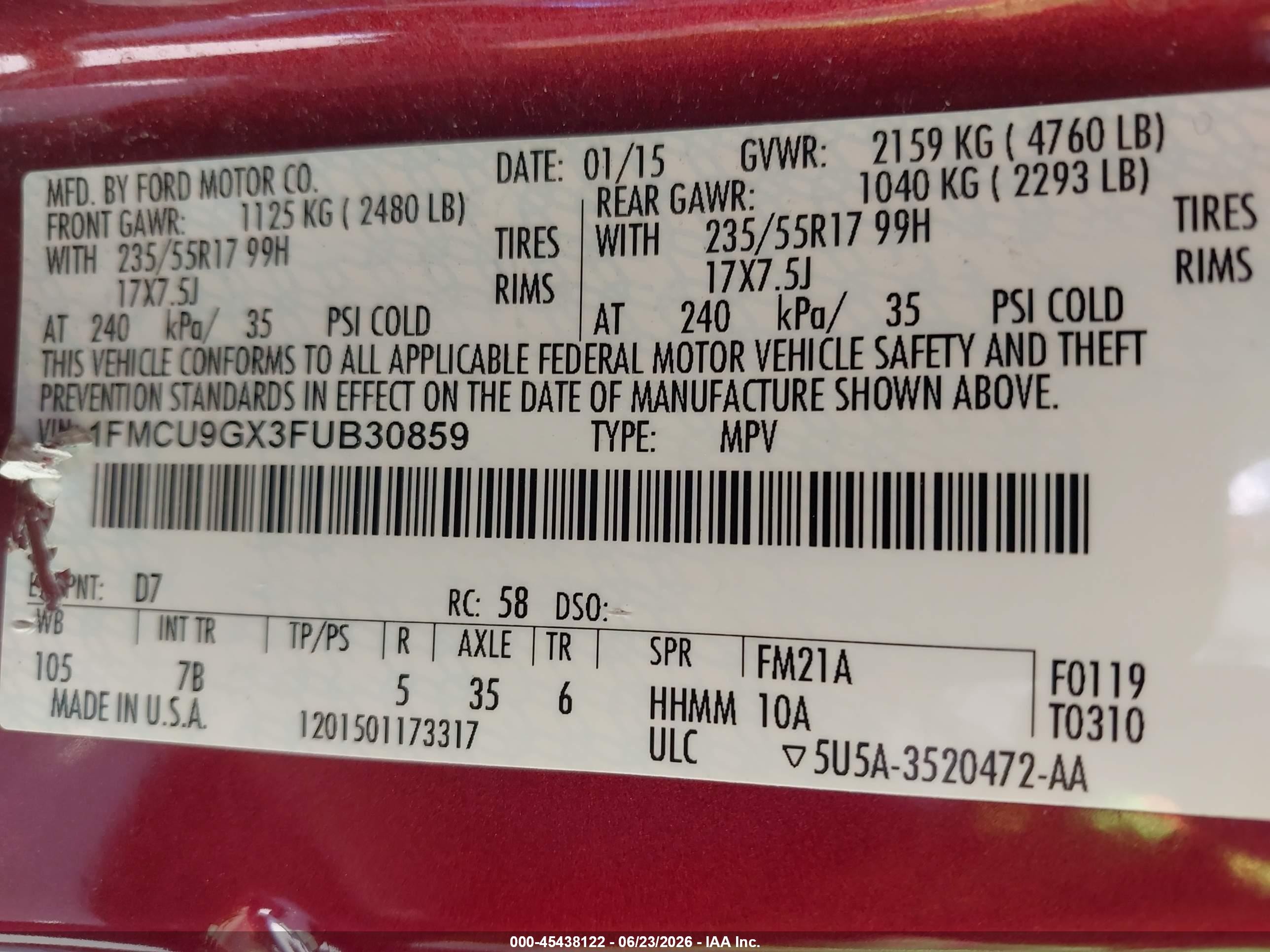 2015 Ford Escape Se Brown vin: 1FMCU9GX3FUB30859