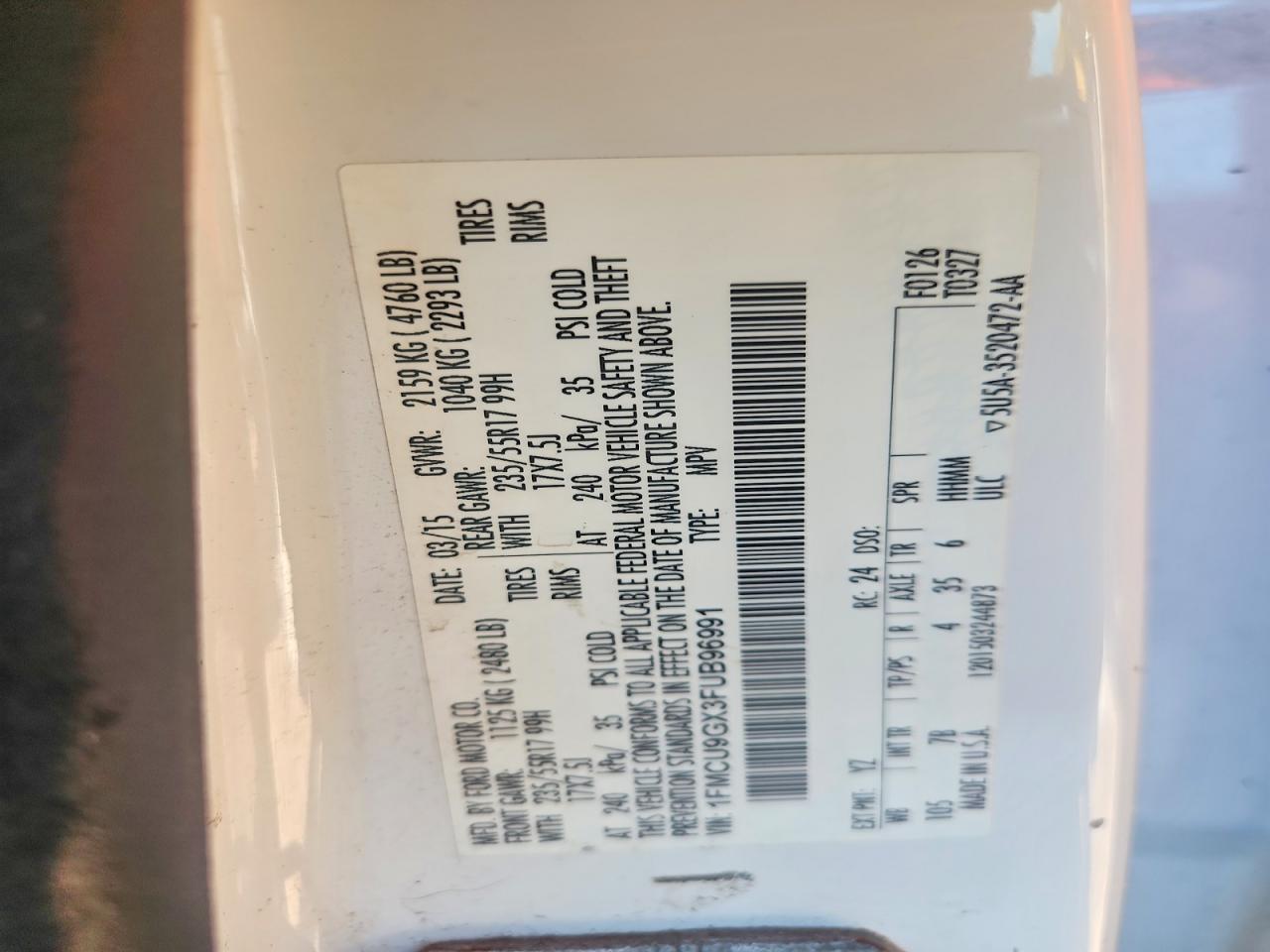 2015 Ford Escape Se White vin: 1FMCU9GX3FUB96991
