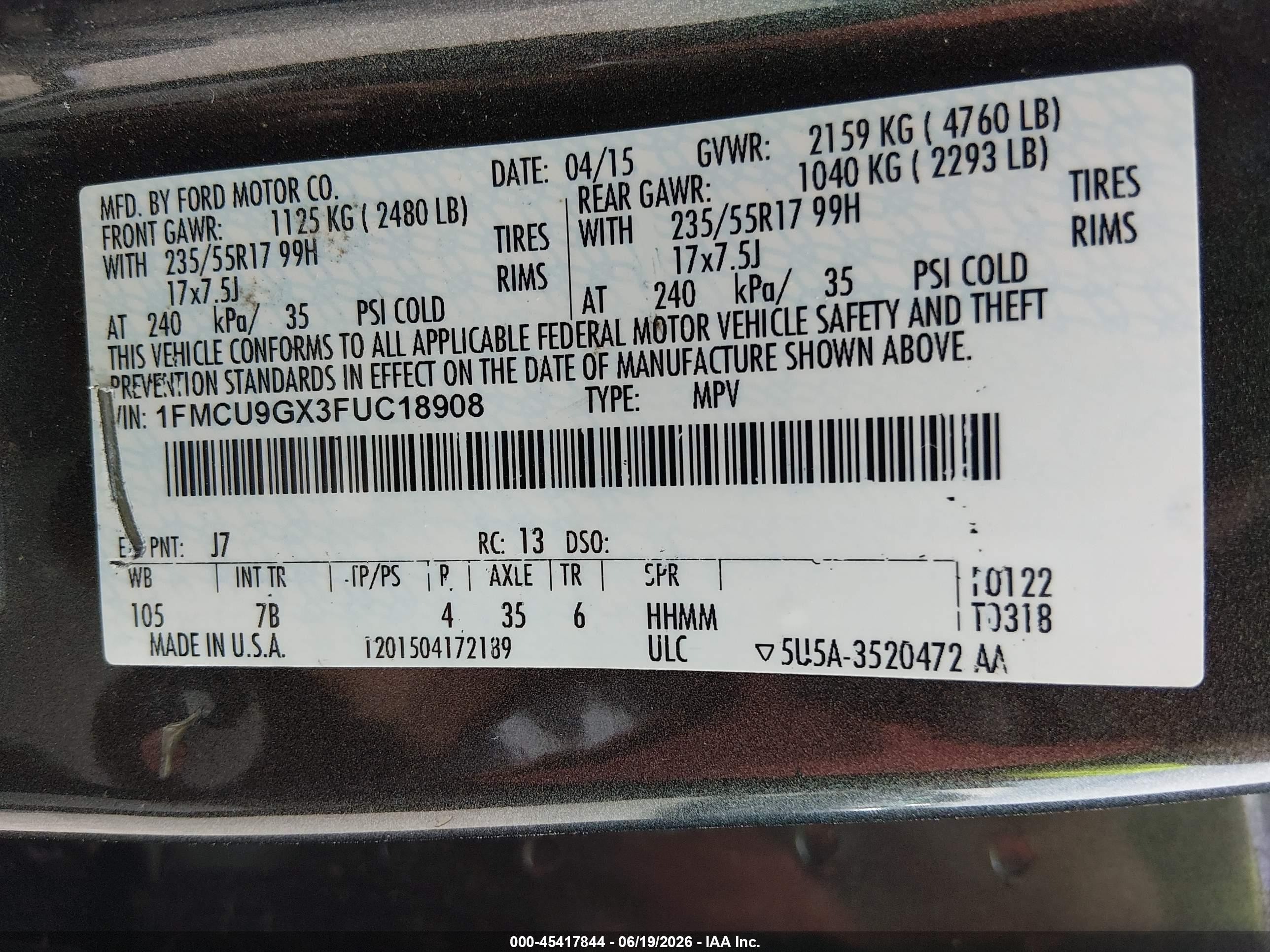 2015 Ford Escape Se Gray vin: 1FMCU9GX3FUC18908