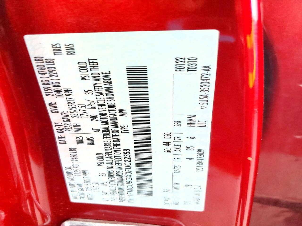 2015 Ford Escape Se Red vin: 1FMCU9GX3FUC22358