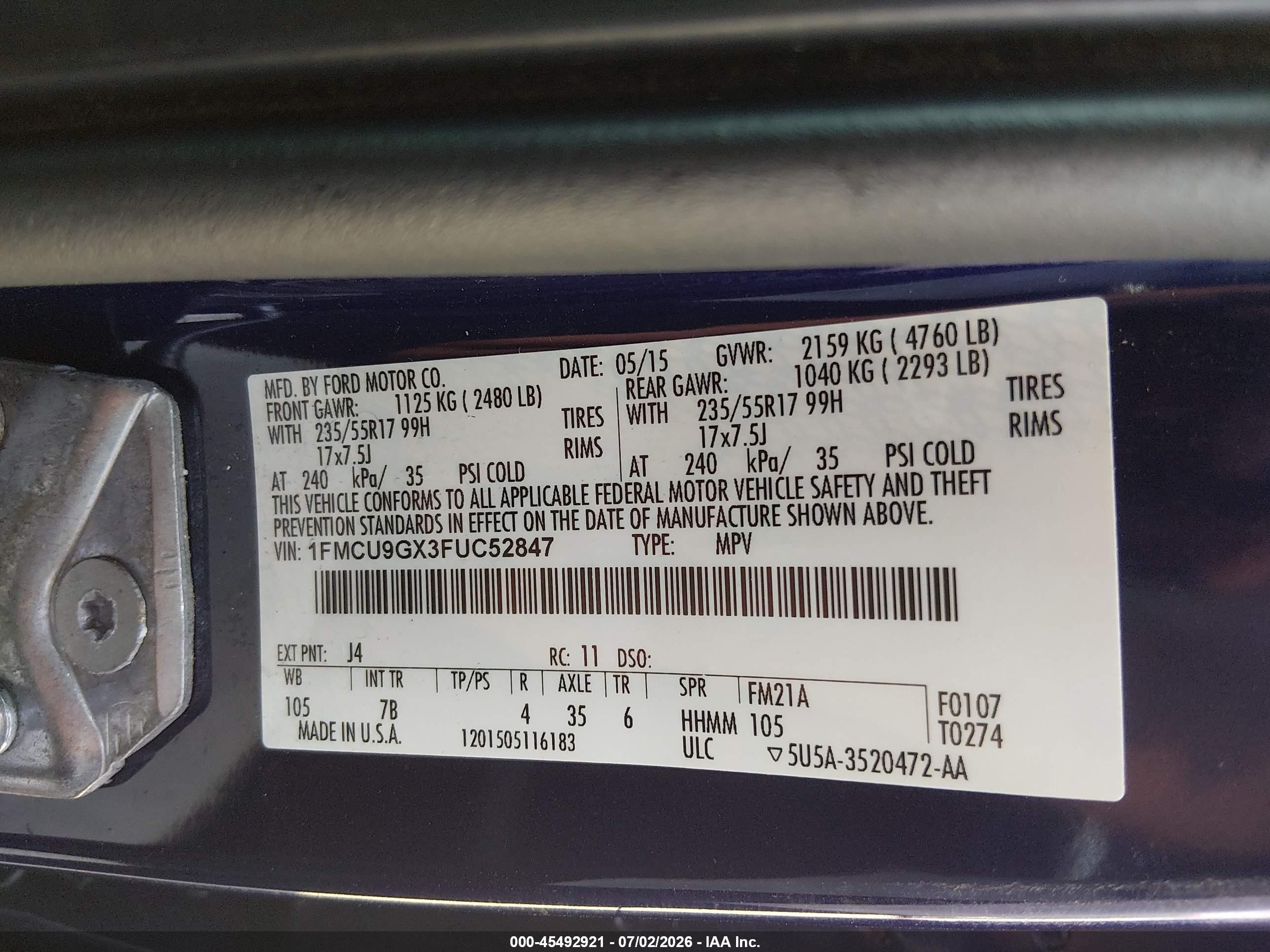 2015 Ford Escape Se Blue vin: 1FMCU9GX3FUC52847