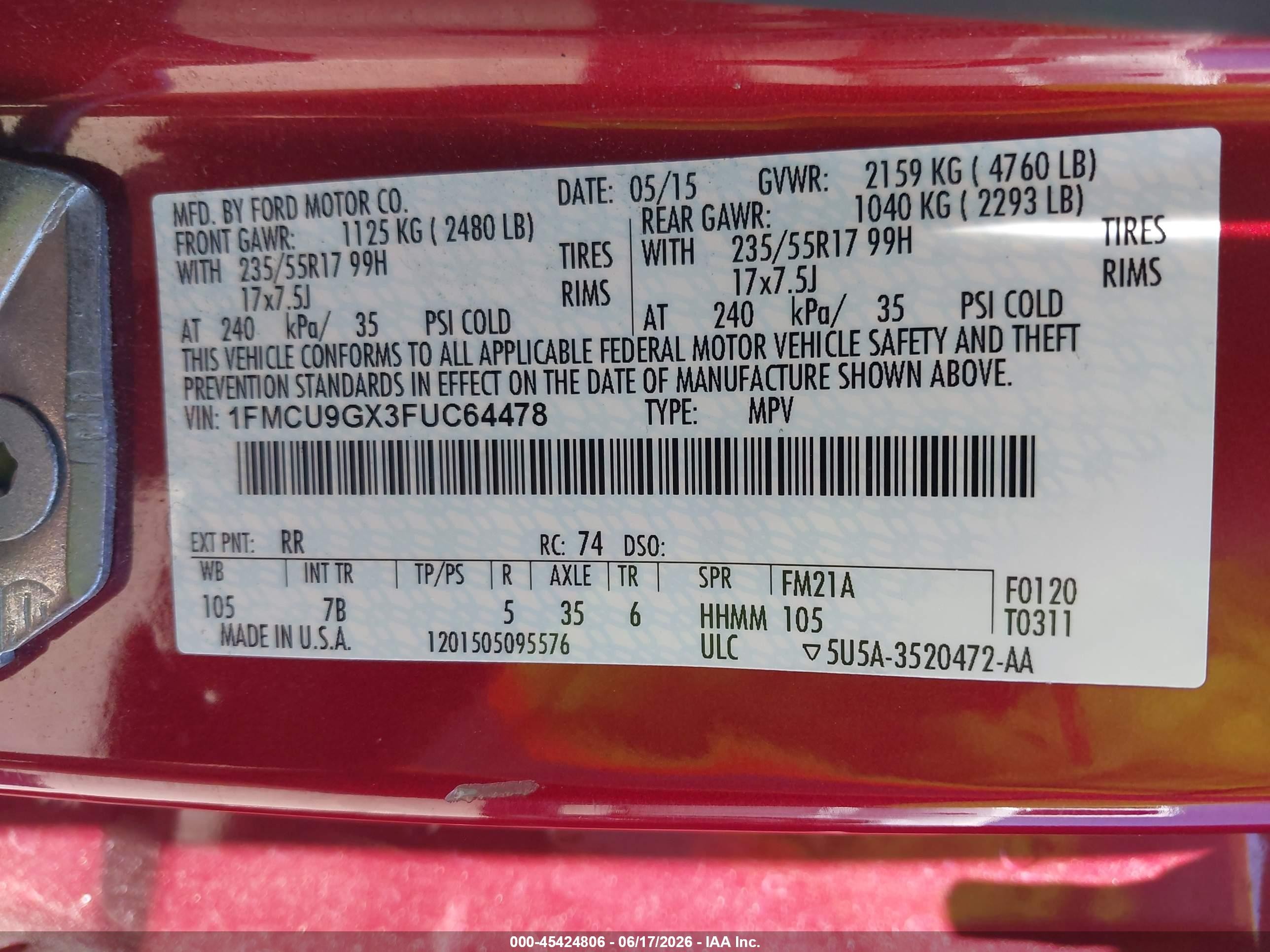 2015 Ford Escape Se Red vin: 1FMCU9GX3FUC64478