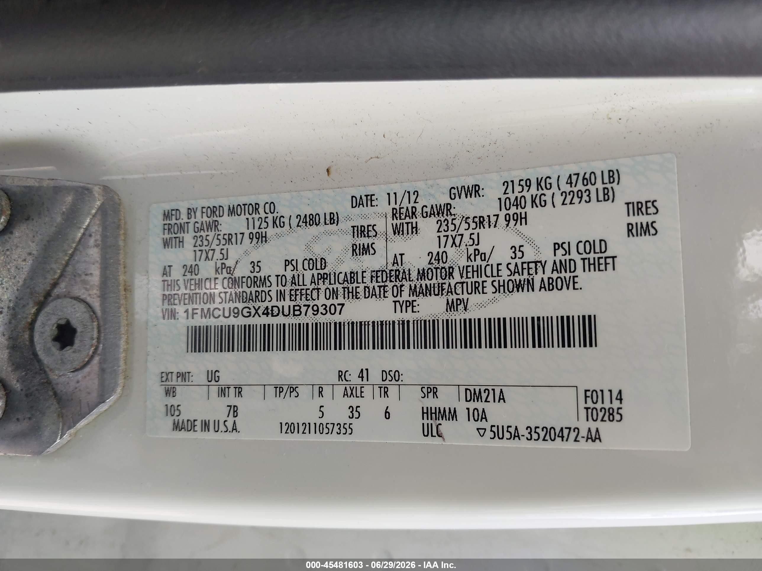 2013 Ford Escape Se White vin: 1FMCU9GX4DUB79307