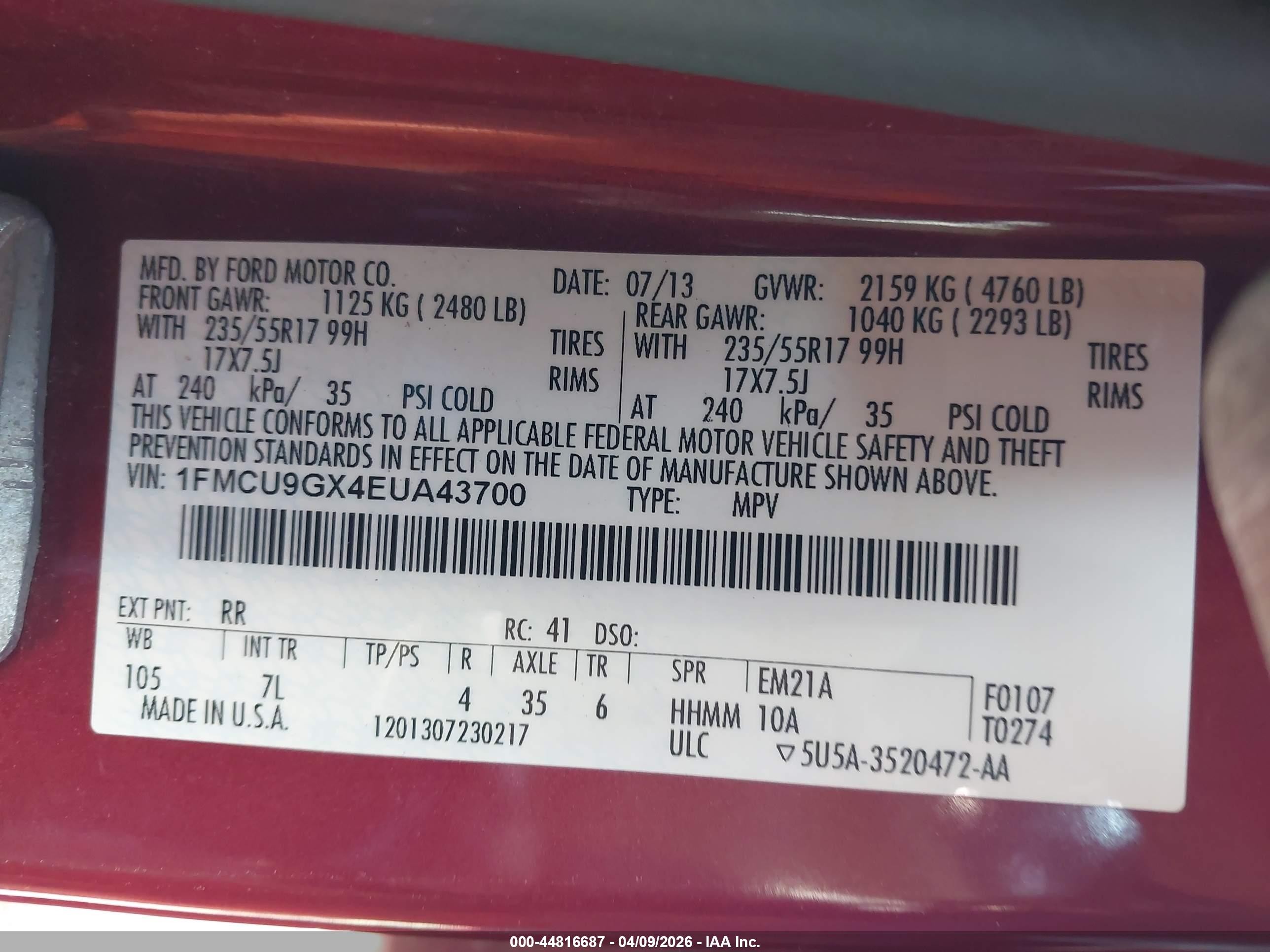 2014 Ford Escape Se Red vin: 1FMCU9GX4EUA43700