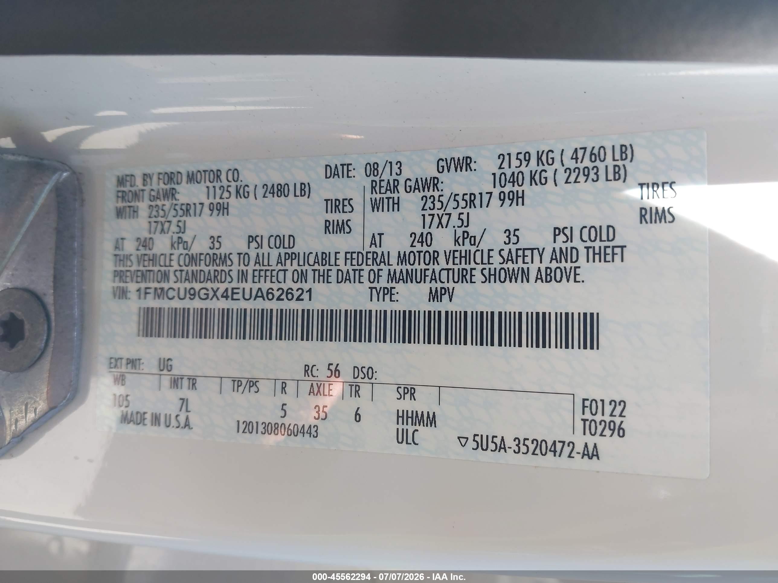 2014 Ford Escape Se White vin: 1FMCU9GX4EUA62621