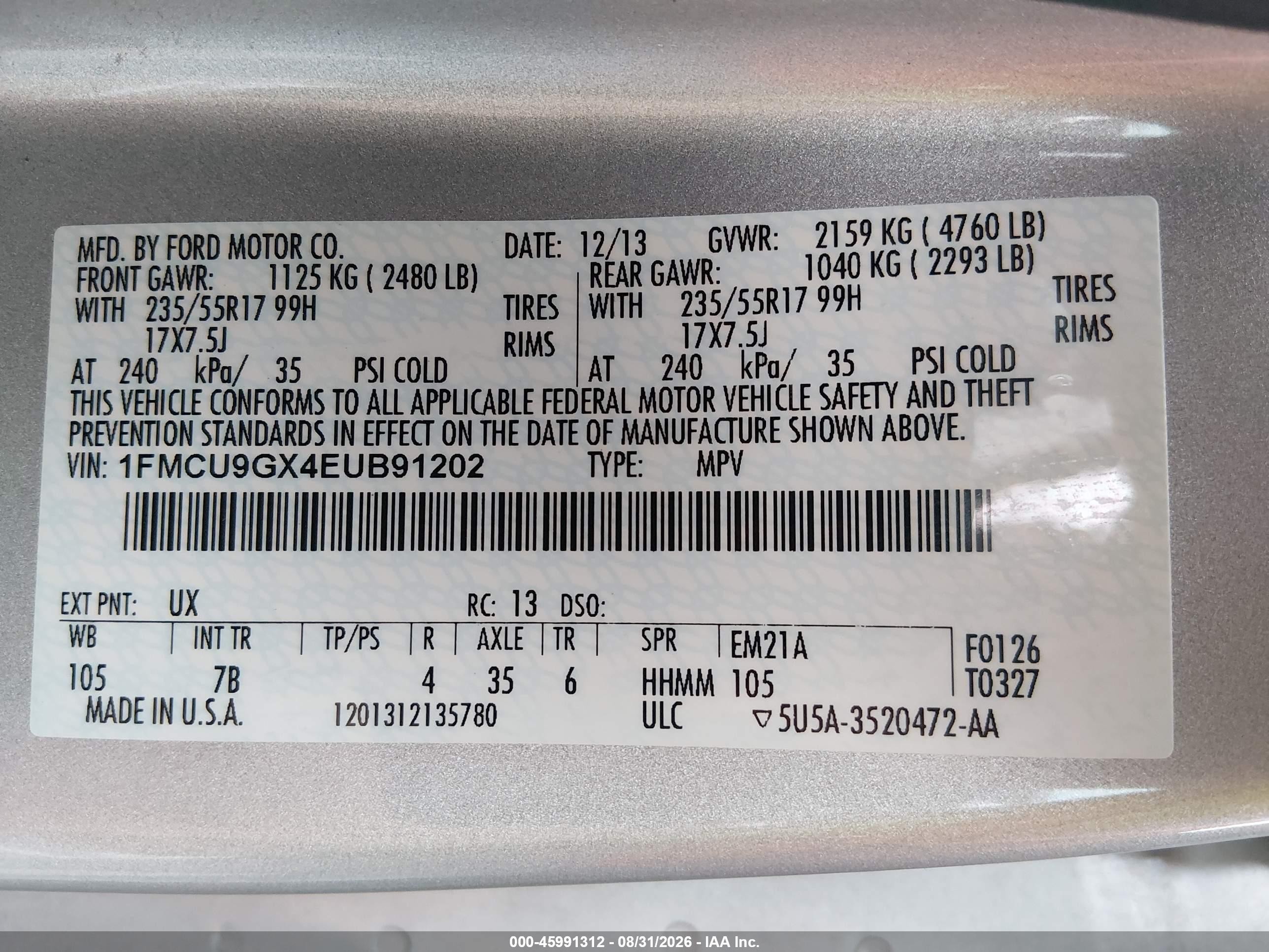 2014 Ford Escape Se Silver vin: 1FMCU9GX4EUB91202