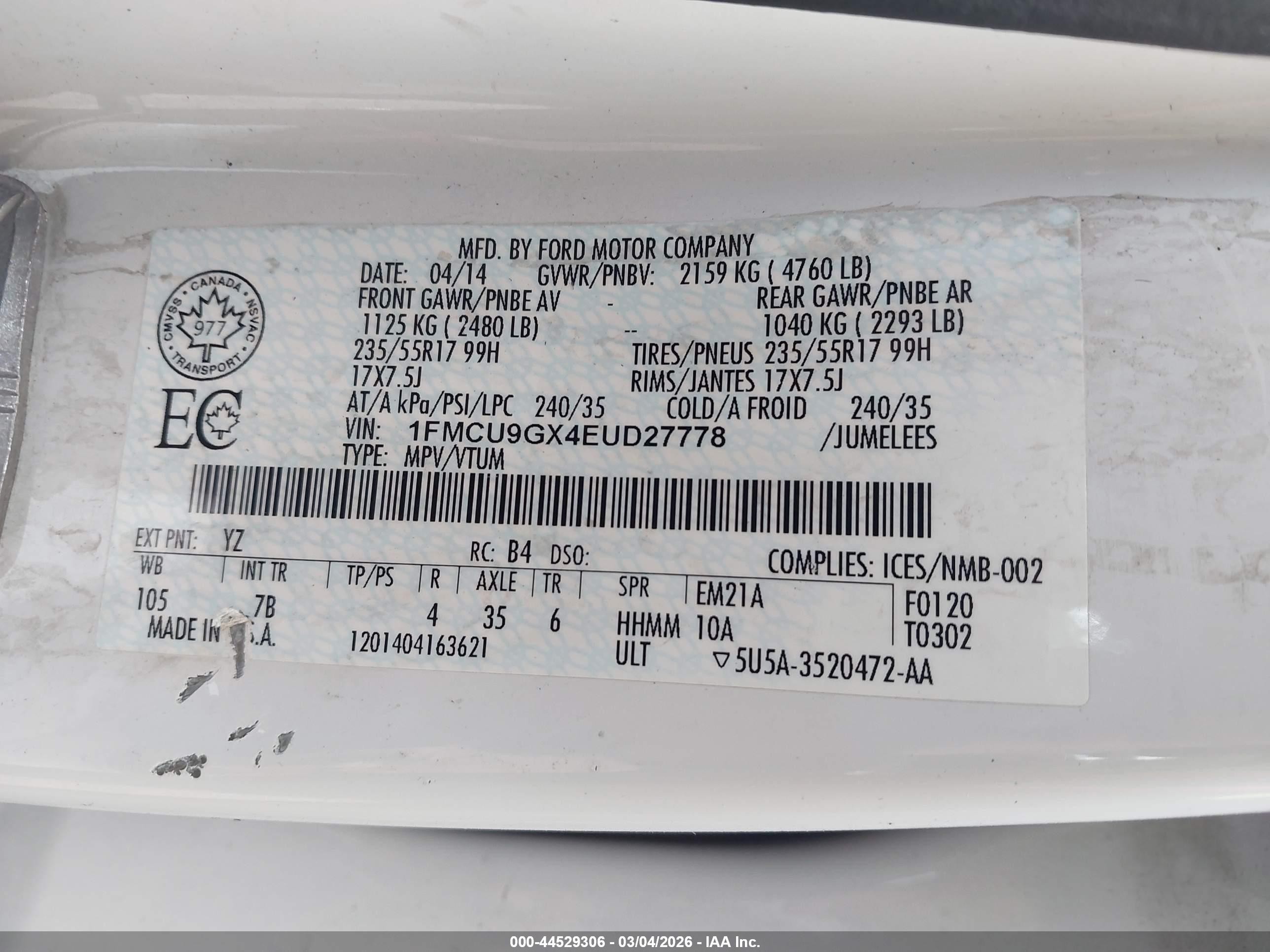 2014 Ford Escape Se White vin: 1FMCU9GX4EUD27778