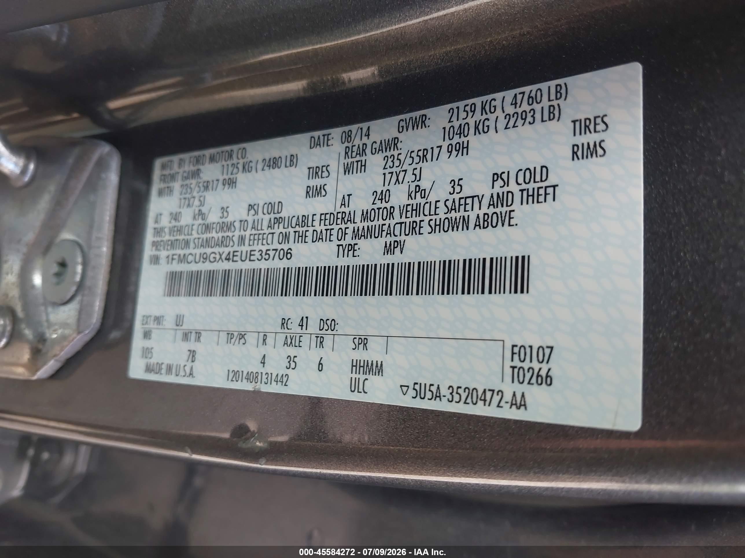 2014 Ford Escape Se Серый vin: 1FMCU9GX4EUE35706