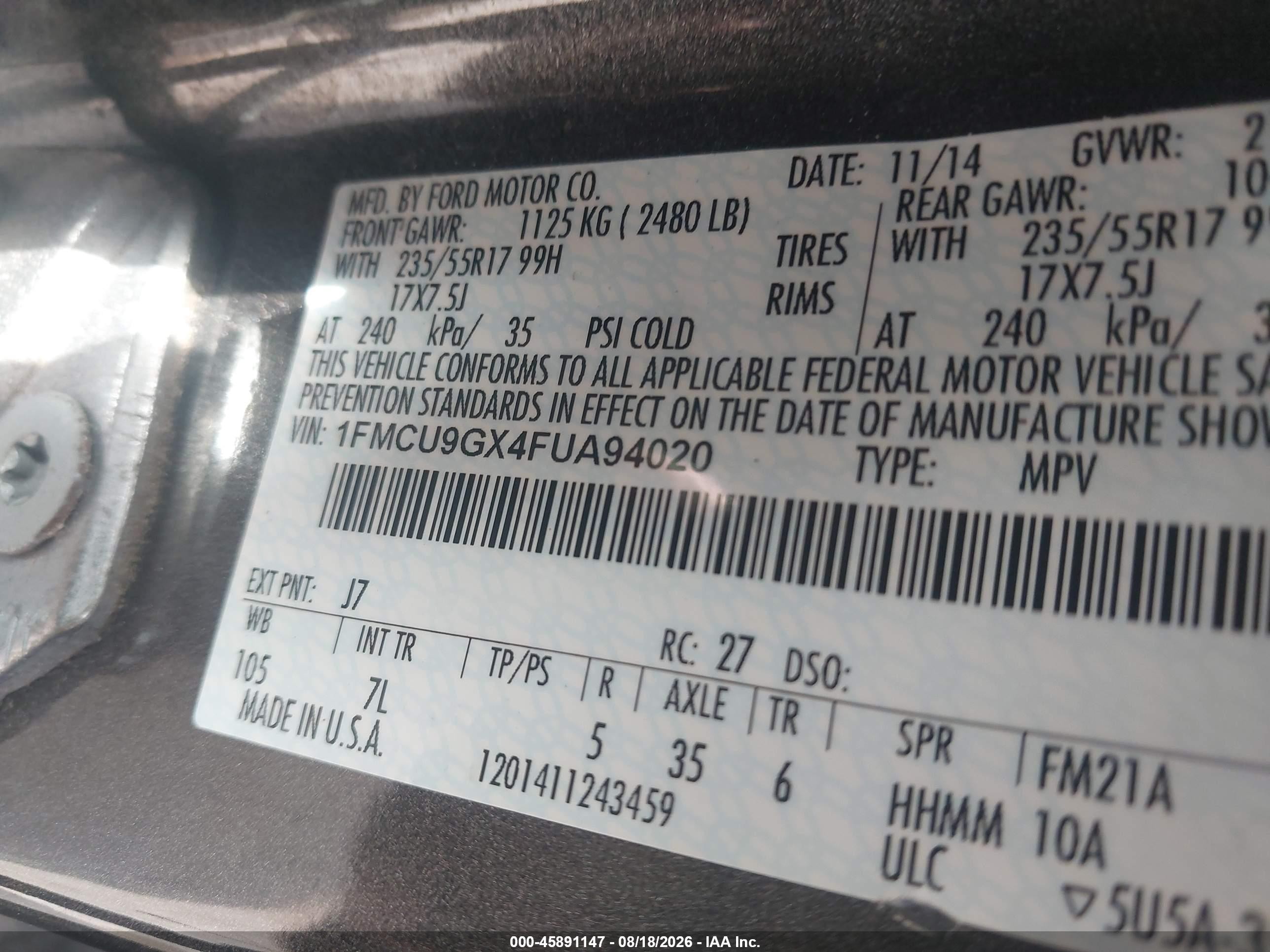 2015 Ford Escape Se Gray vin: 1FMCU9GX4FUA94020