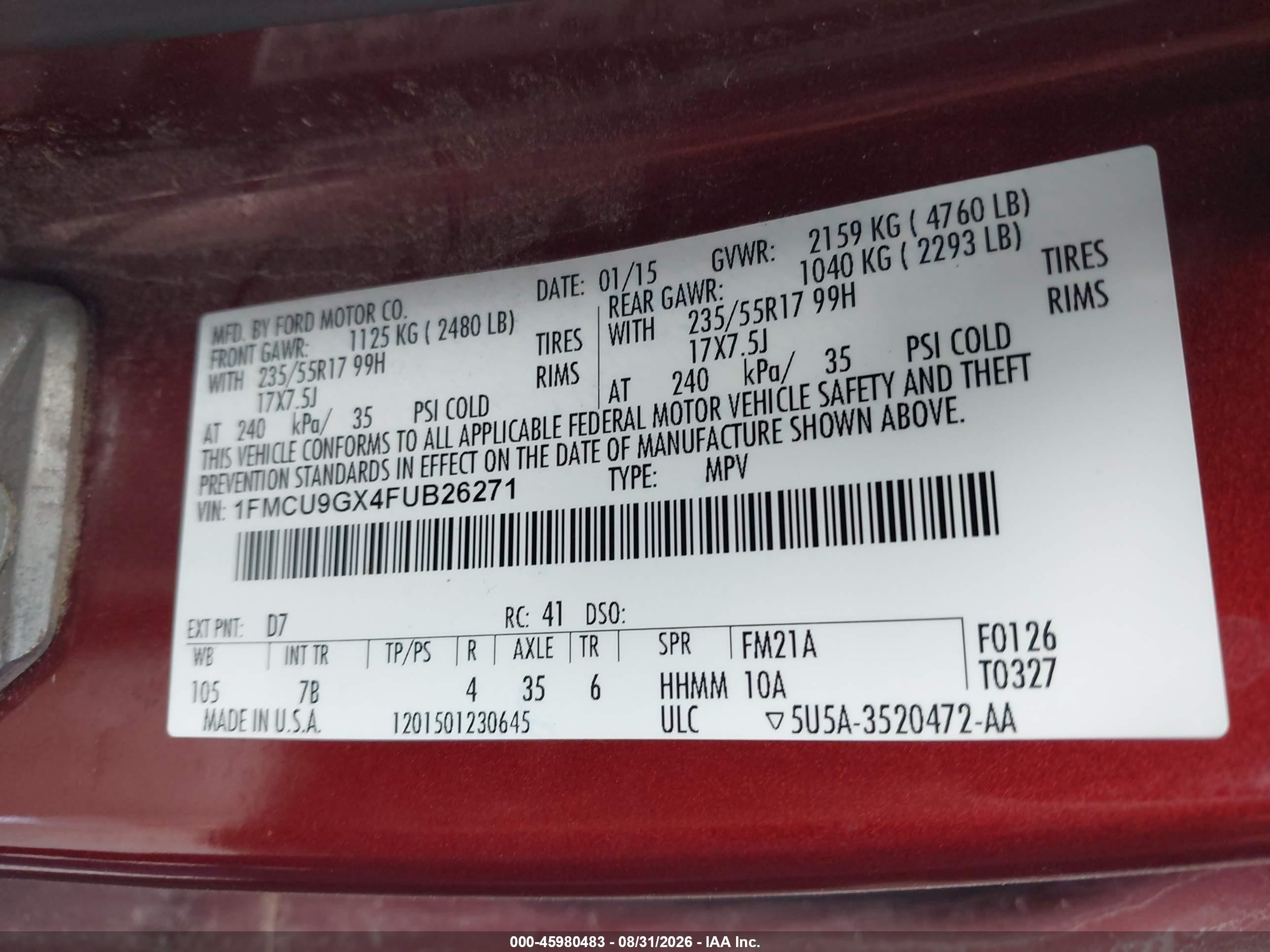 2015 Ford Escape Se Red vin: 1FMCU9GX4FUB26271