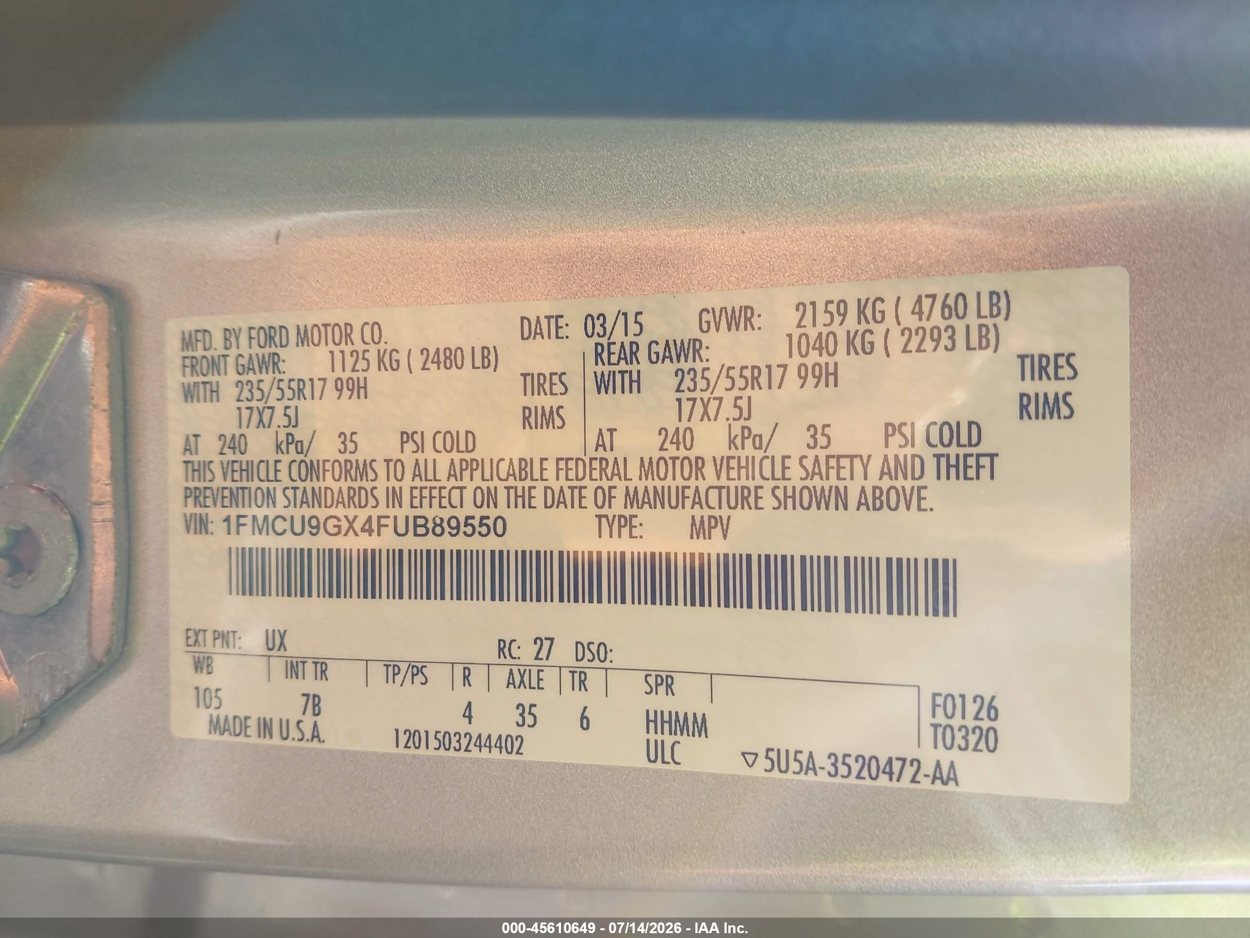 2015 Ford Escape Se Silver vin: 1FMCU9GX4FUB89550