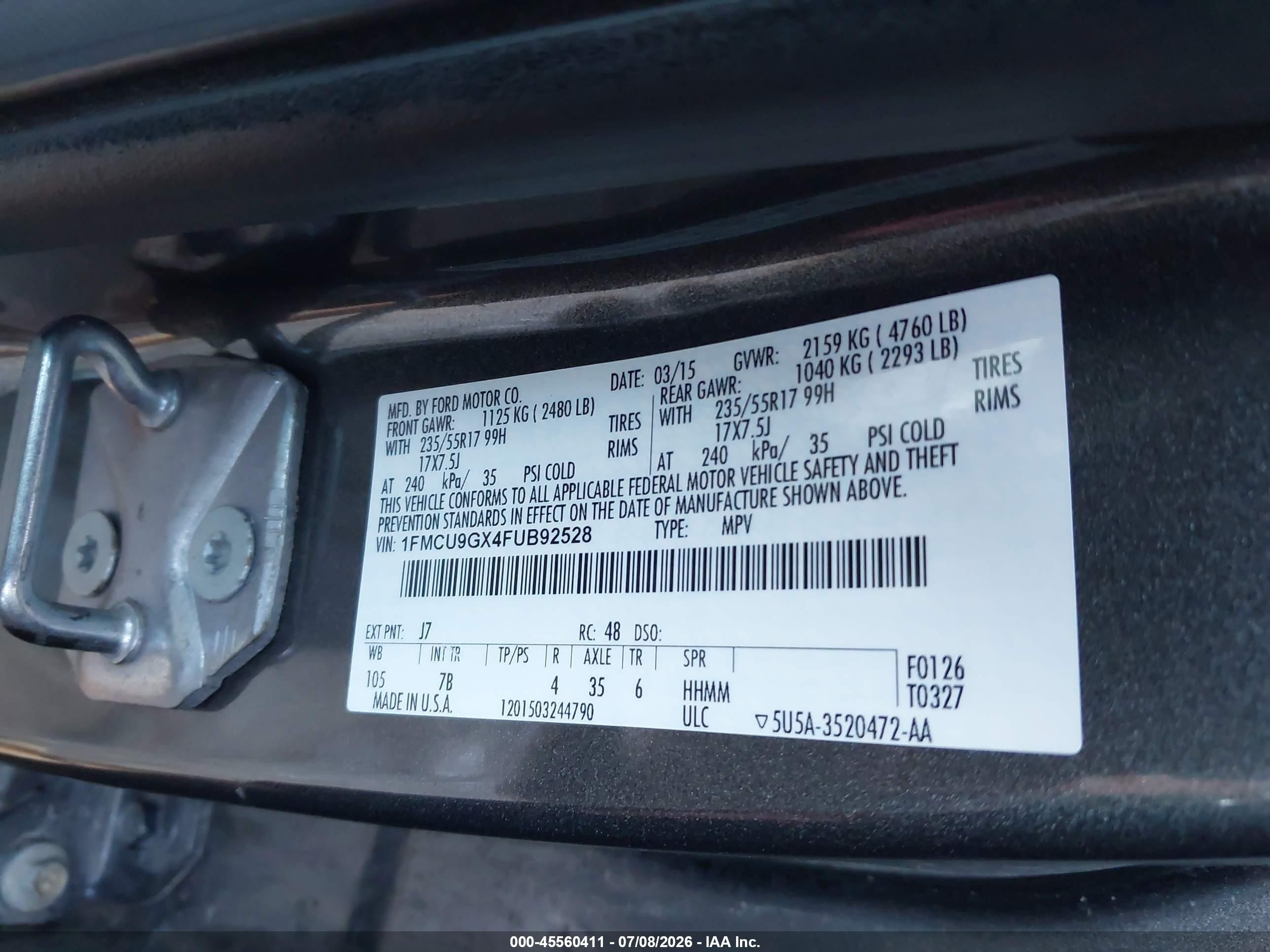 2015 Ford Escape Se Gray vin: 1FMCU9GX4FUB92528