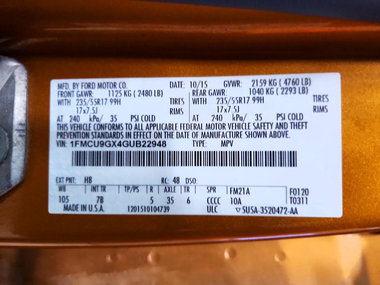 2016 Ford Escape Se Orange vin: 1FMCU9GX4GUB22948