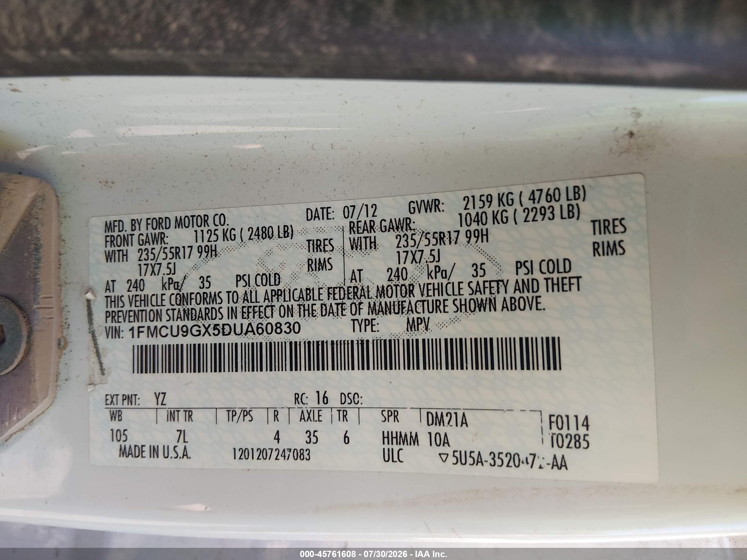 2013 Ford Escape Se White vin: 1FMCU9GX5DUA60830