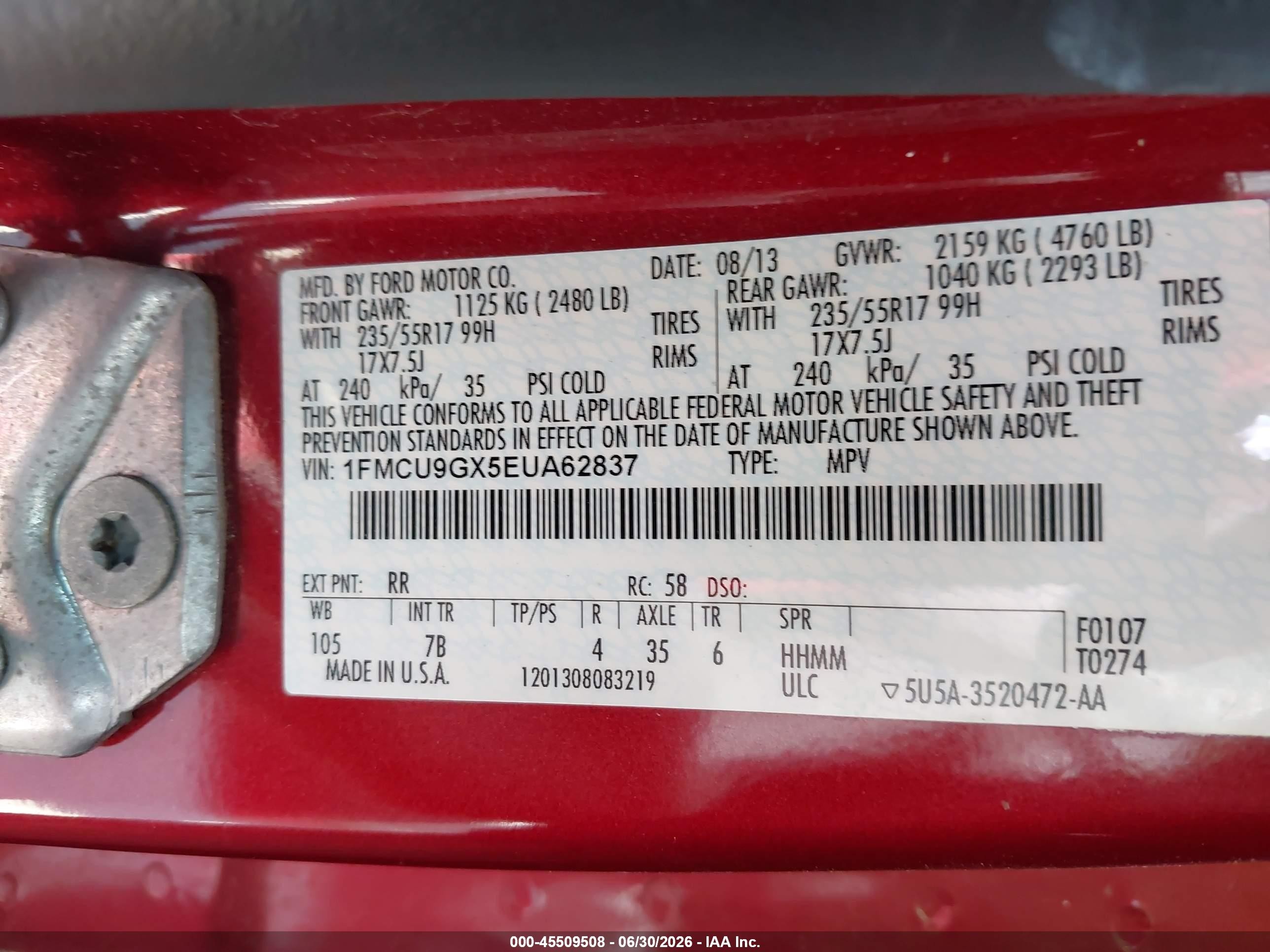 2014 Ford Escape Se Red vin: 1FMCU9GX5EUA62837