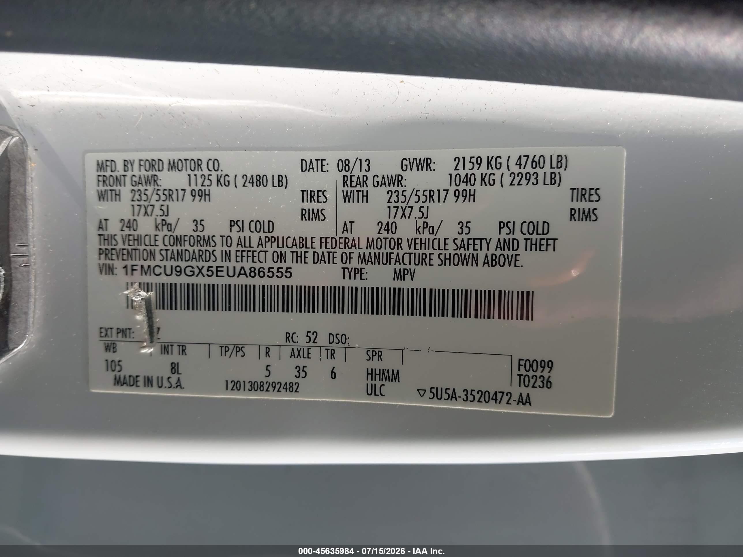 2014 Ford Escape Se White vin: 1FMCU9GX5EUA86555