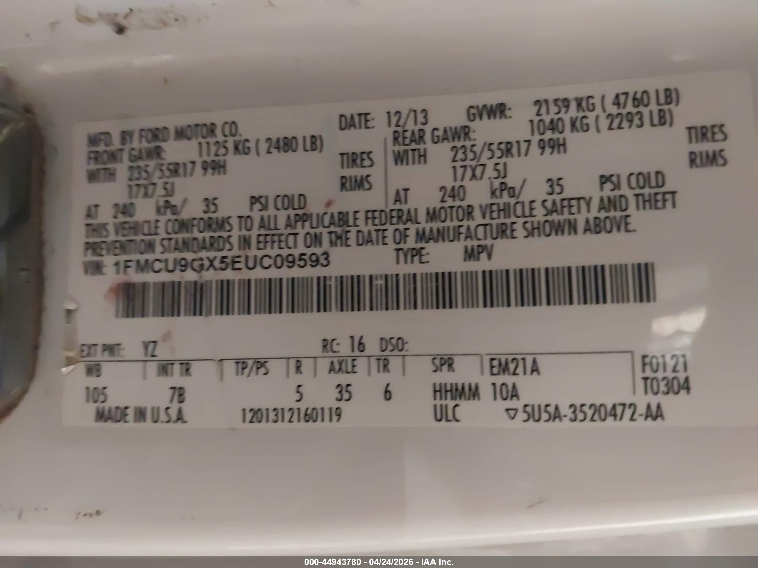2014 Ford Escape Se White vin: 1FMCU9GX5EUC09593