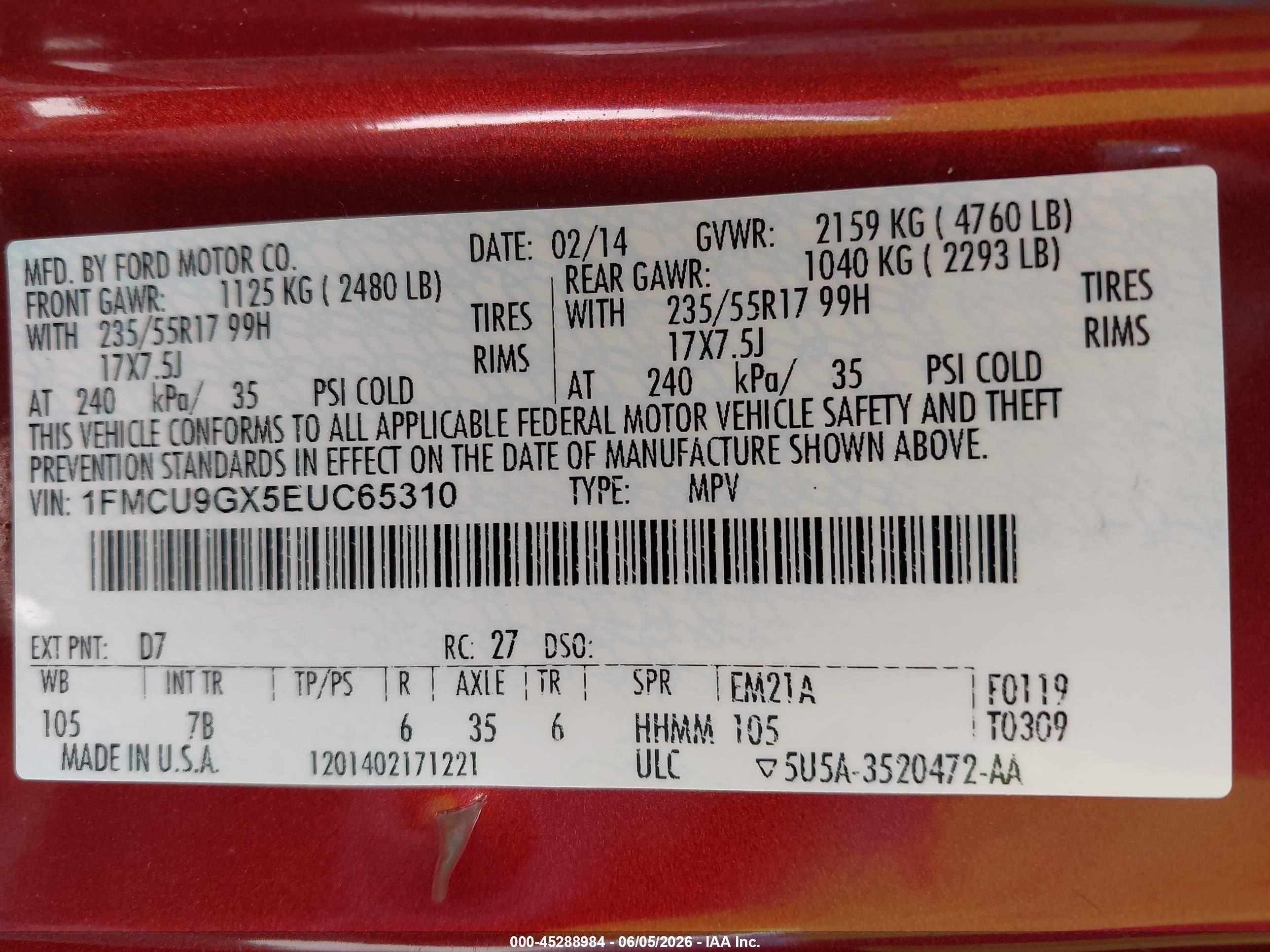2014 Ford Escape Se Orange vin: 1FMCU9GX5EUC65310