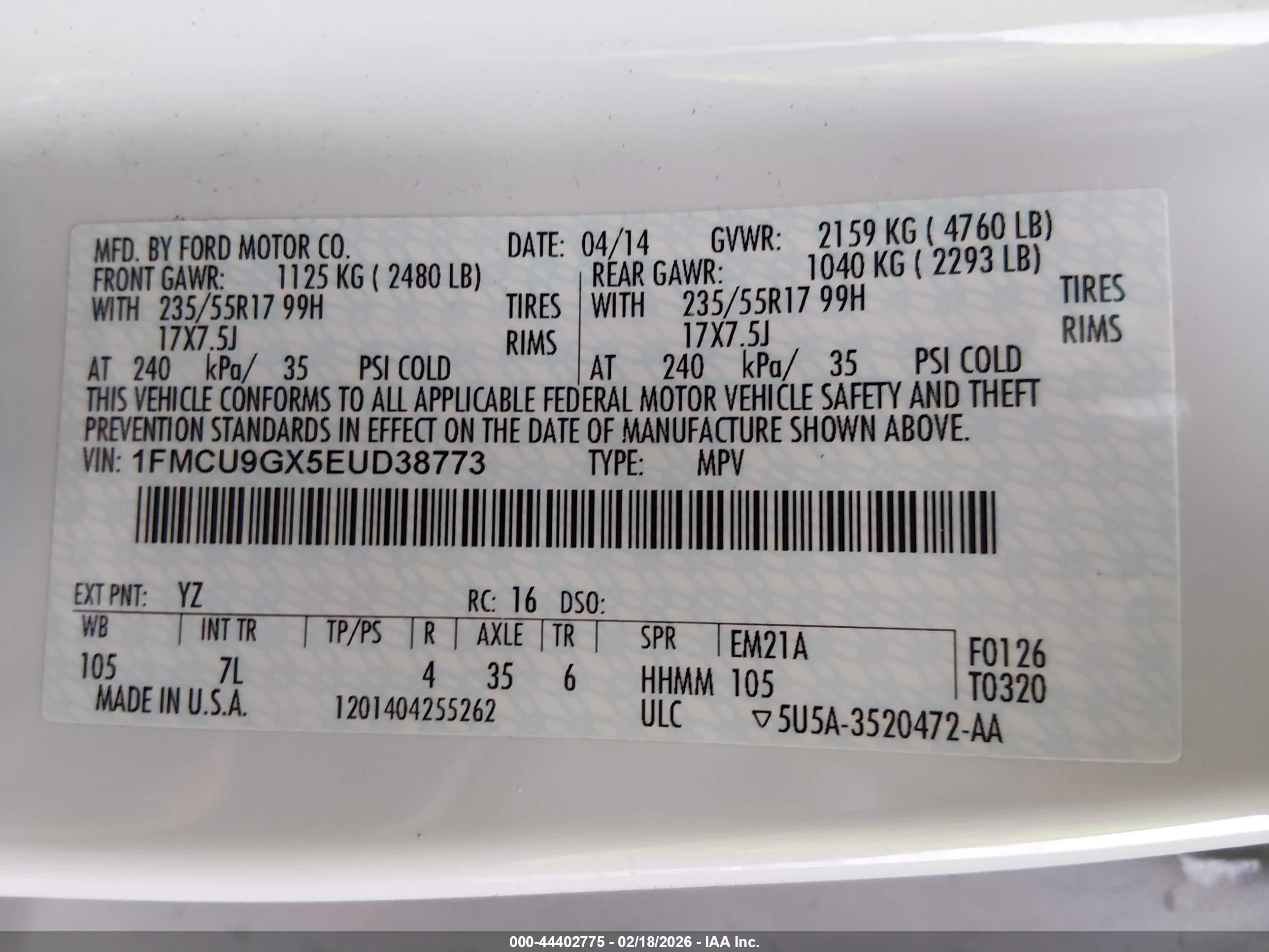 2014 Ford Escape Se White vin: 1FMCU9GX5EUD38773