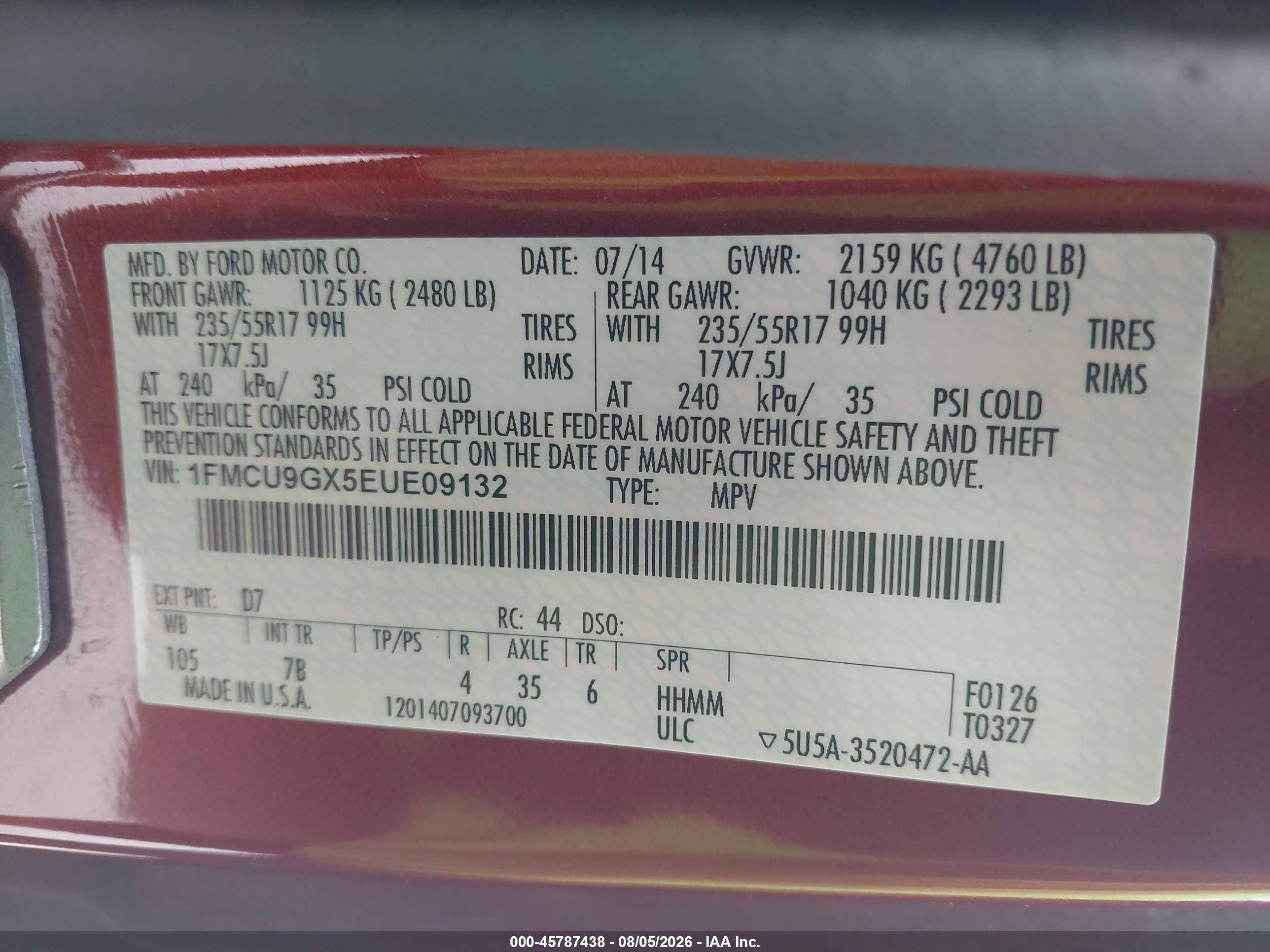 2014 Ford Escape Se Orange vin: 1FMCU9GX5EUE09132