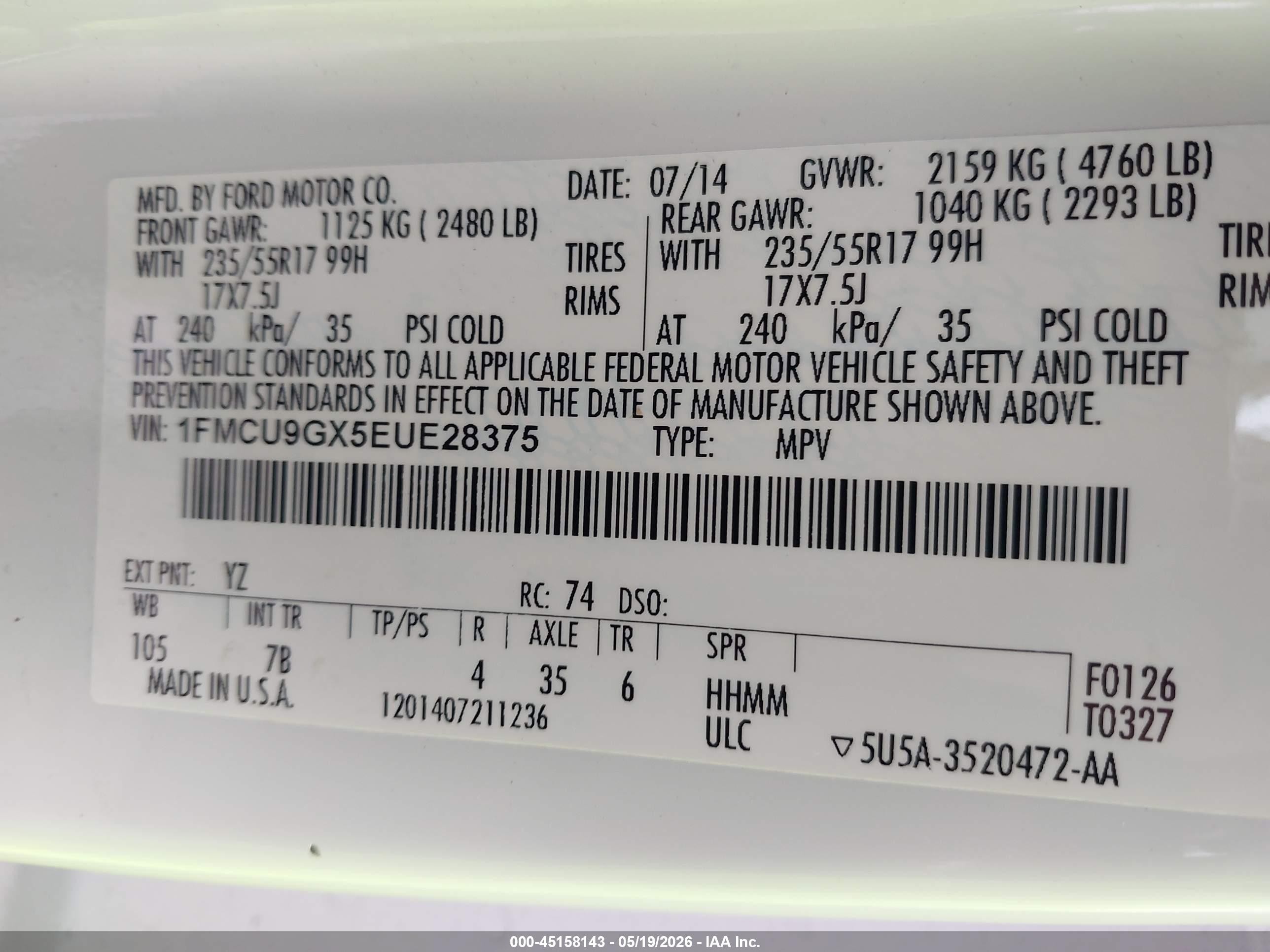 2014 Ford Escape Se White vin: 1FMCU9GX5EUE28375
