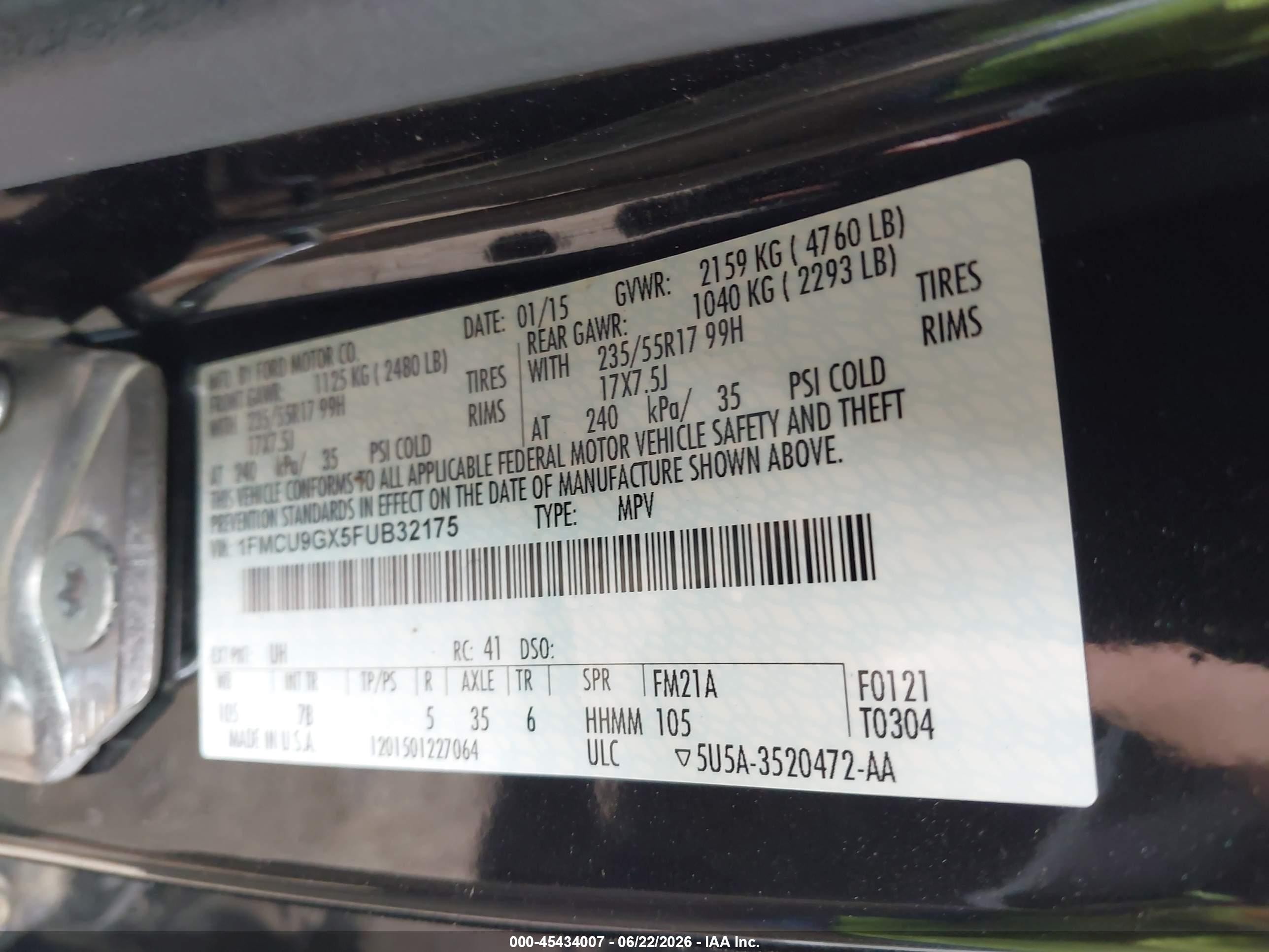 2015 Ford Escape Se Black vin: 1FMCU9GX5FUB32175