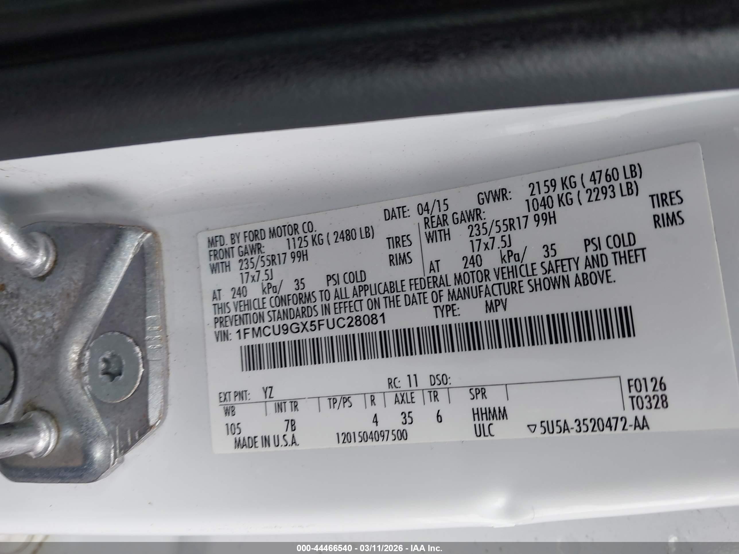 2015 Ford Escape Se White vin: 1FMCU9GX5FUC28081