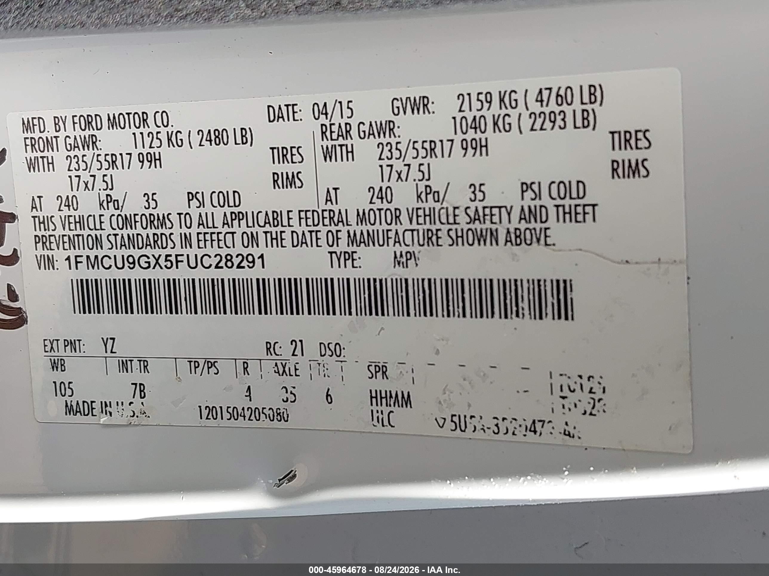 2015 Ford Escape Se White vin: 1FMCU9GX5FUC28291