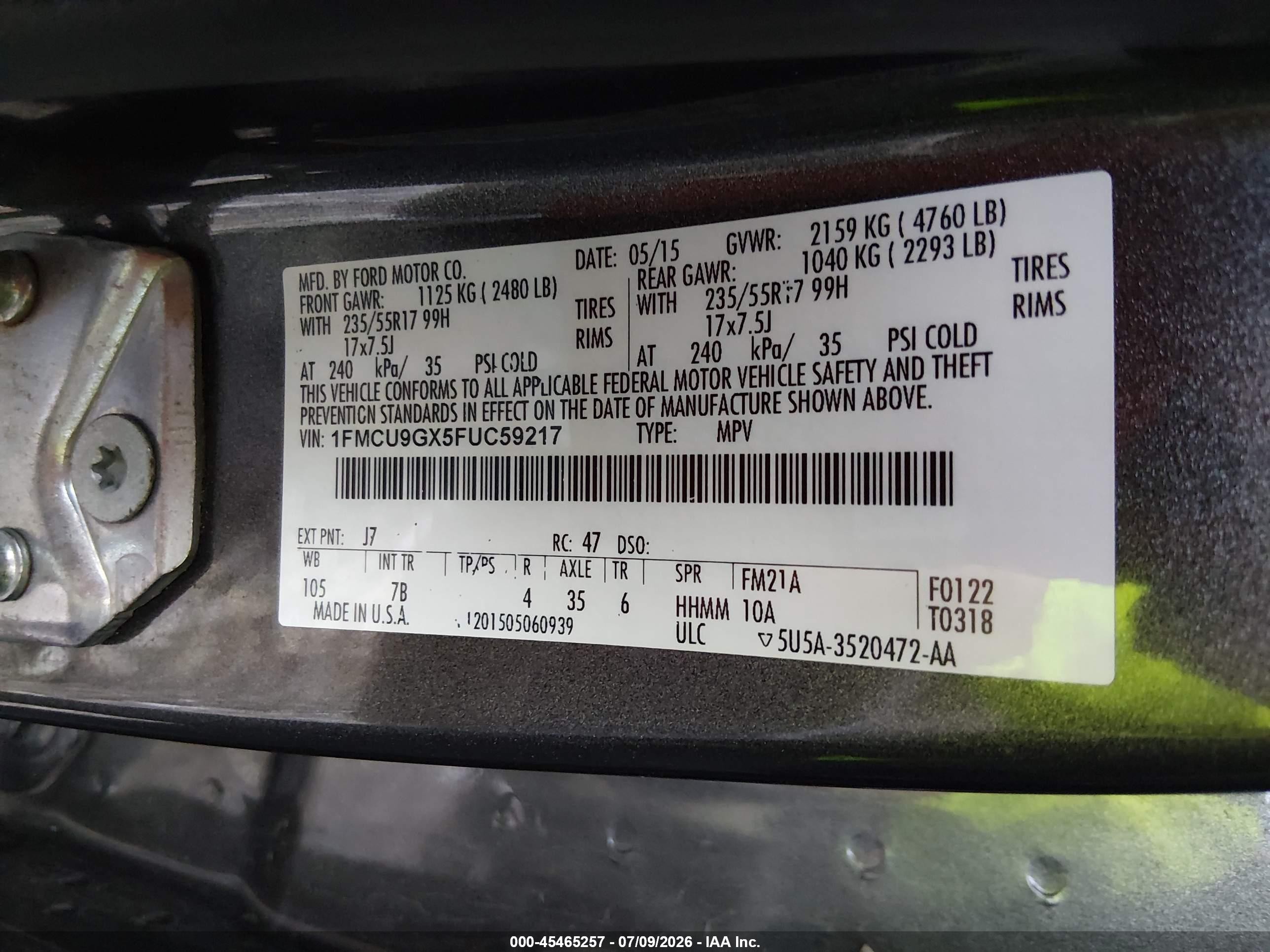 2015 Ford Escape Se Pewter vin: 1FMCU9GX5FUC59217