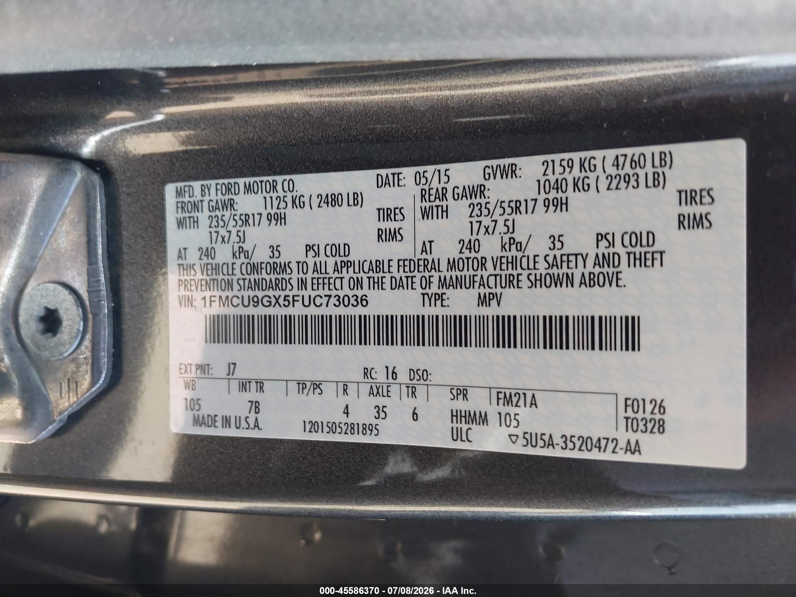 2015 Ford Escape Se Gray vin: 1FMCU9GX5FUC73036