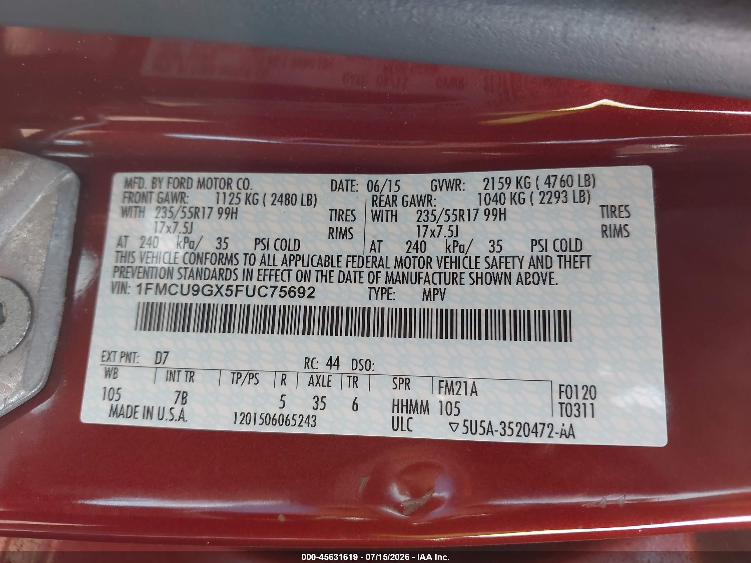 2015 Ford Escape Se Orange vin: 1FMCU9GX5FUC75692